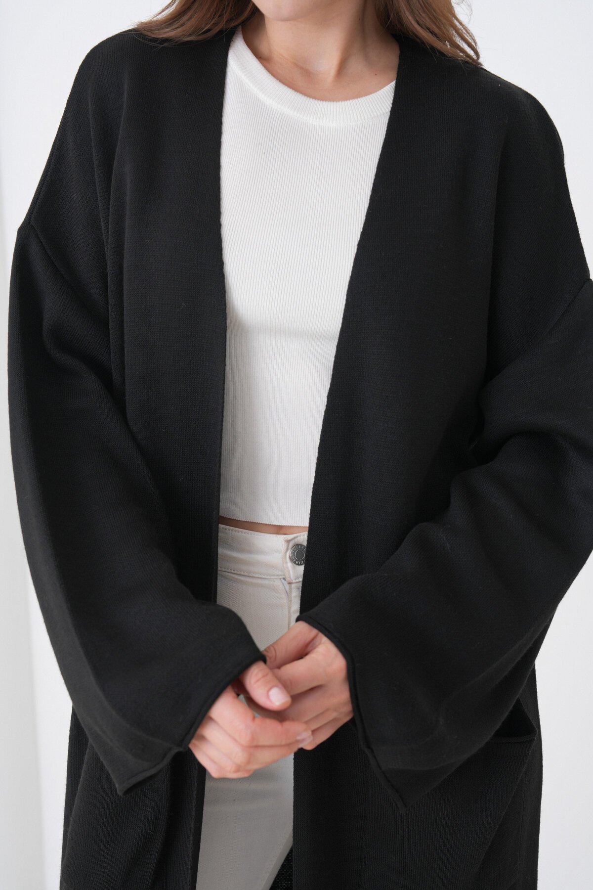 Kadın Tesettüre Uygun Maxi Boy Uzun Kol Cepli Spor Şık Triko Ceket