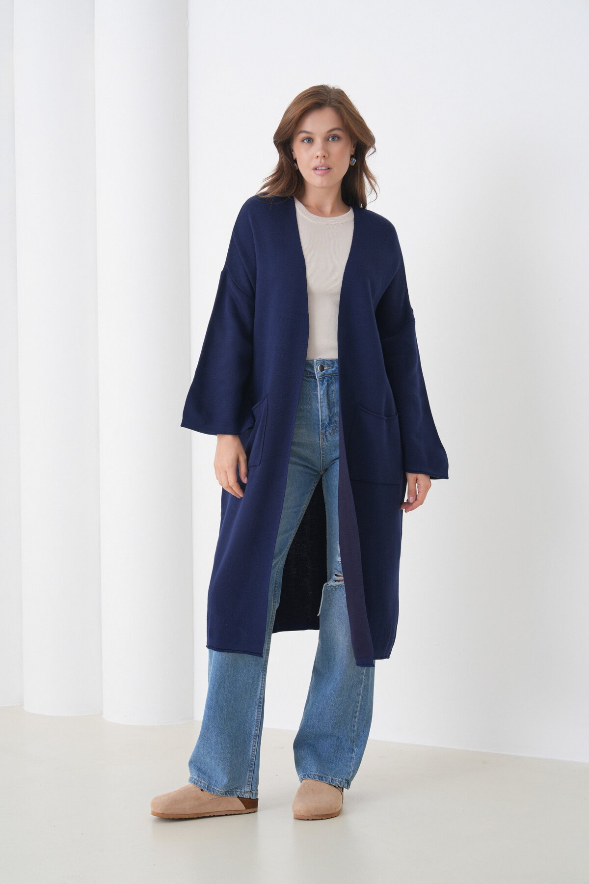 Kadın Tesettüre Uygun Maxi Boy Uzun Kol Cepli Spor Şık Triko Ceket