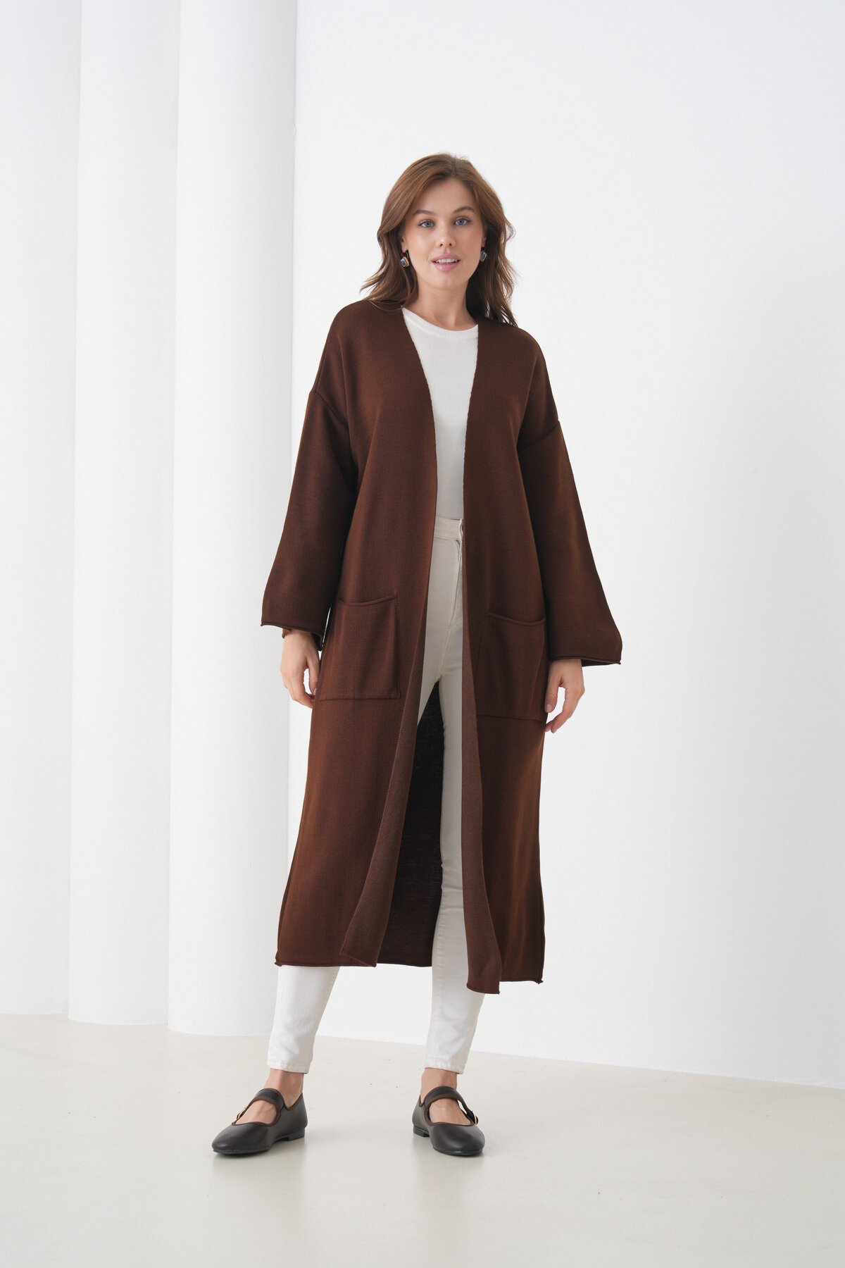 Kadın Tesettüre Uygun Maxi Boy Uzun Kol Cepli Spor Şık Triko Ceket