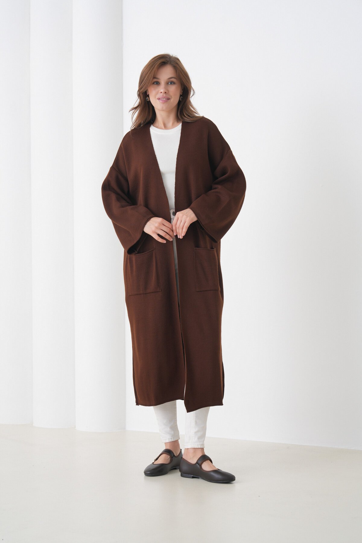 Kadın Tesettüre Uygun Maxi Boy Uzun Kol Cepli Spor Şık Triko Ceket