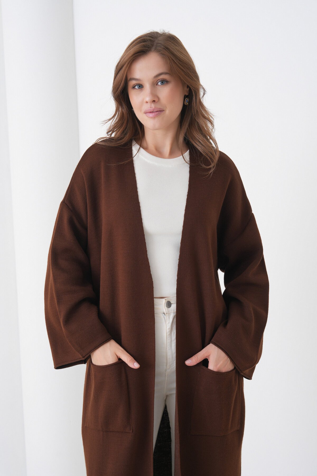 Kadın Tesettüre Uygun Maxi Boy Uzun Kol Cepli Spor Şık Triko Ceket