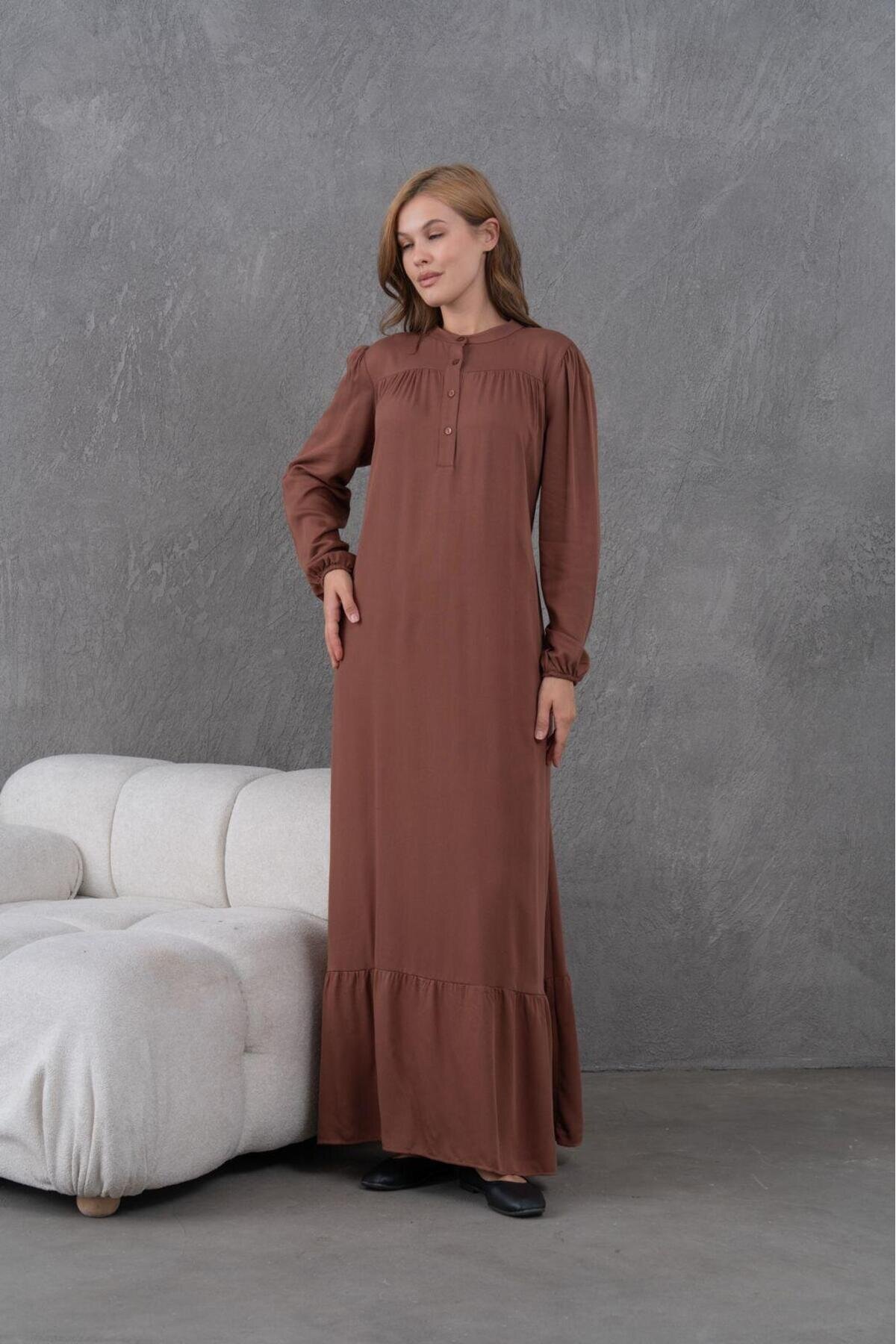 Kadın Tesettüre Uygun Uzun Kol Beli Bağcıklı Maxi Boy Rahat Büyük Beden Şık Pamuk Elbise