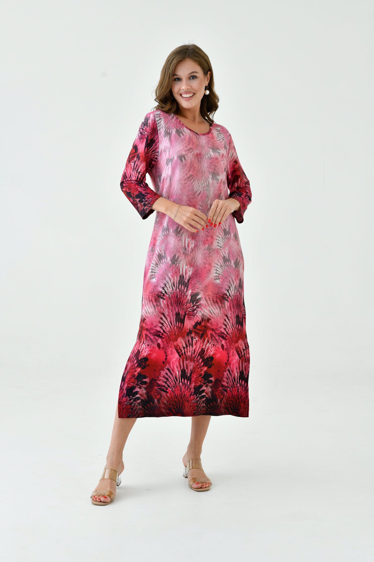 Kadın Truvakar Kol Desenli Midi Boy Büyük Beden Curve Gecelik Yırtmaçlı Pamuk Elbise