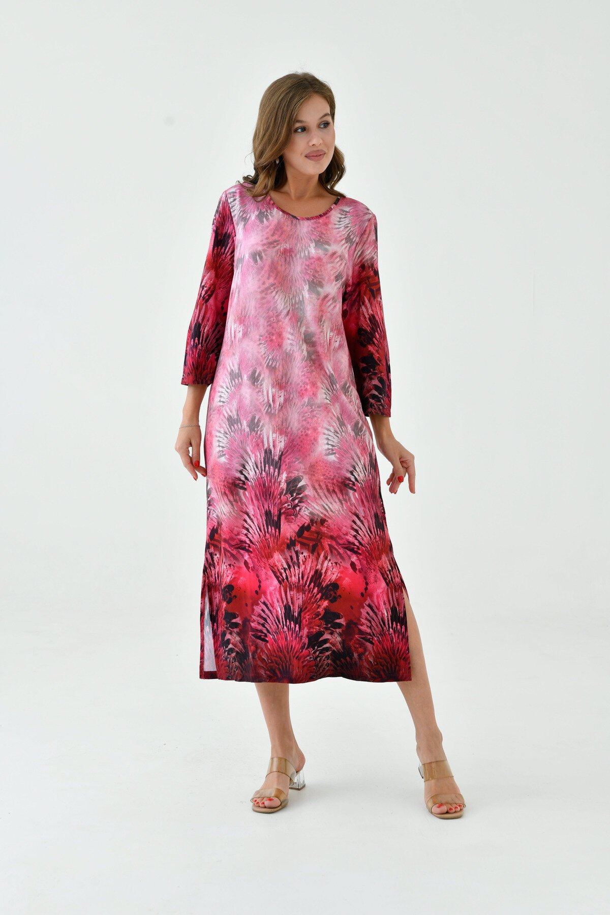 Kadın Truvakar Kol Desenli Midi Boy Büyük Beden Curve Gecelik Yırtmaçlı Pamuk Elbise