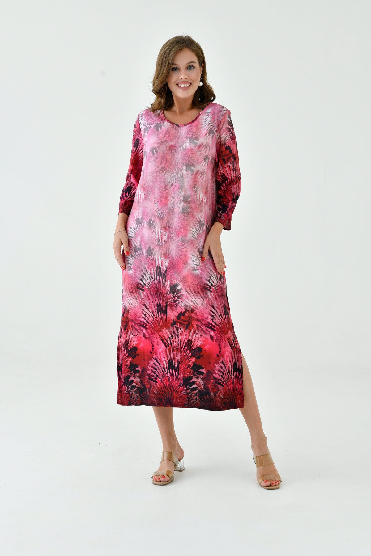 Kadın Truvakar Kol Desenli Midi Boy Büyük Beden Curve Gecelik Yırtmaçlı Pamuk Elbise