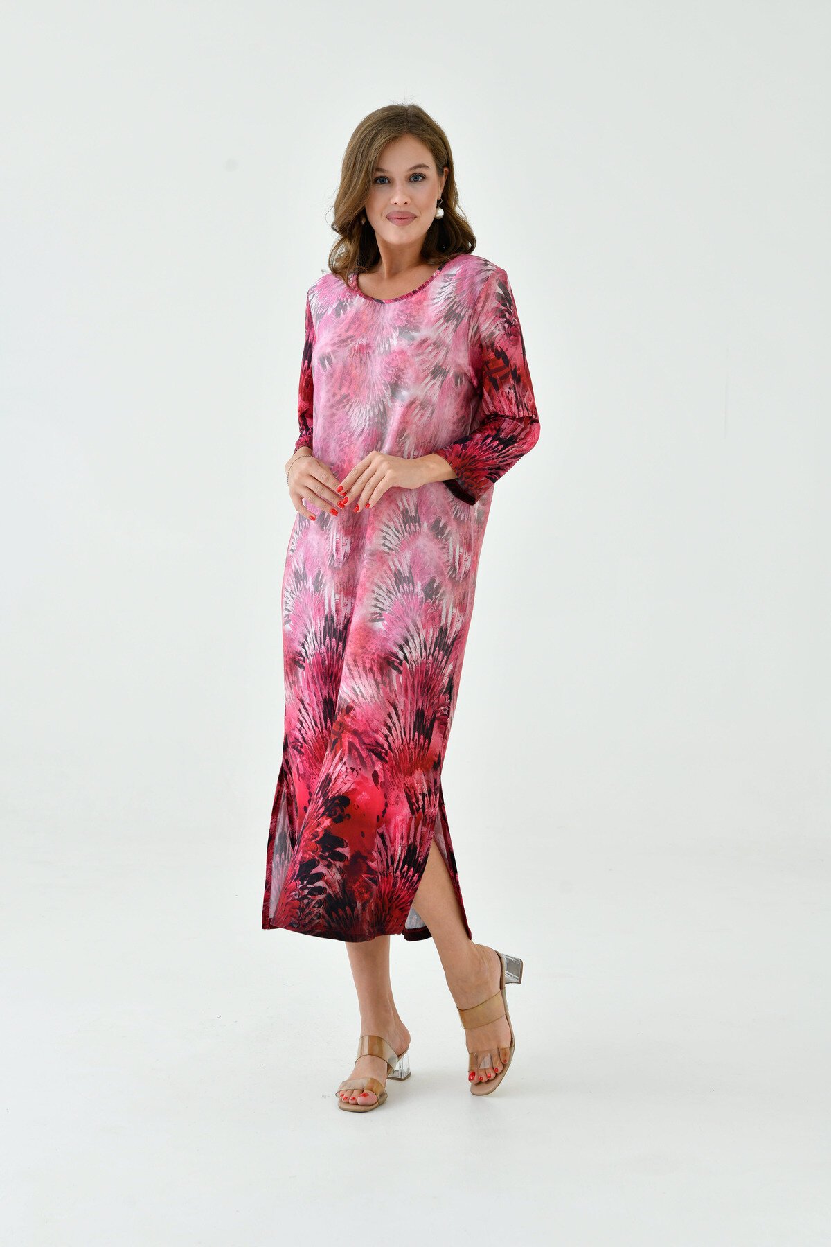 Kadın Truvakar Kol Desenli Midi Boy Büyük Beden Curve Gecelik Yırtmaçlı Pamuk Elbise