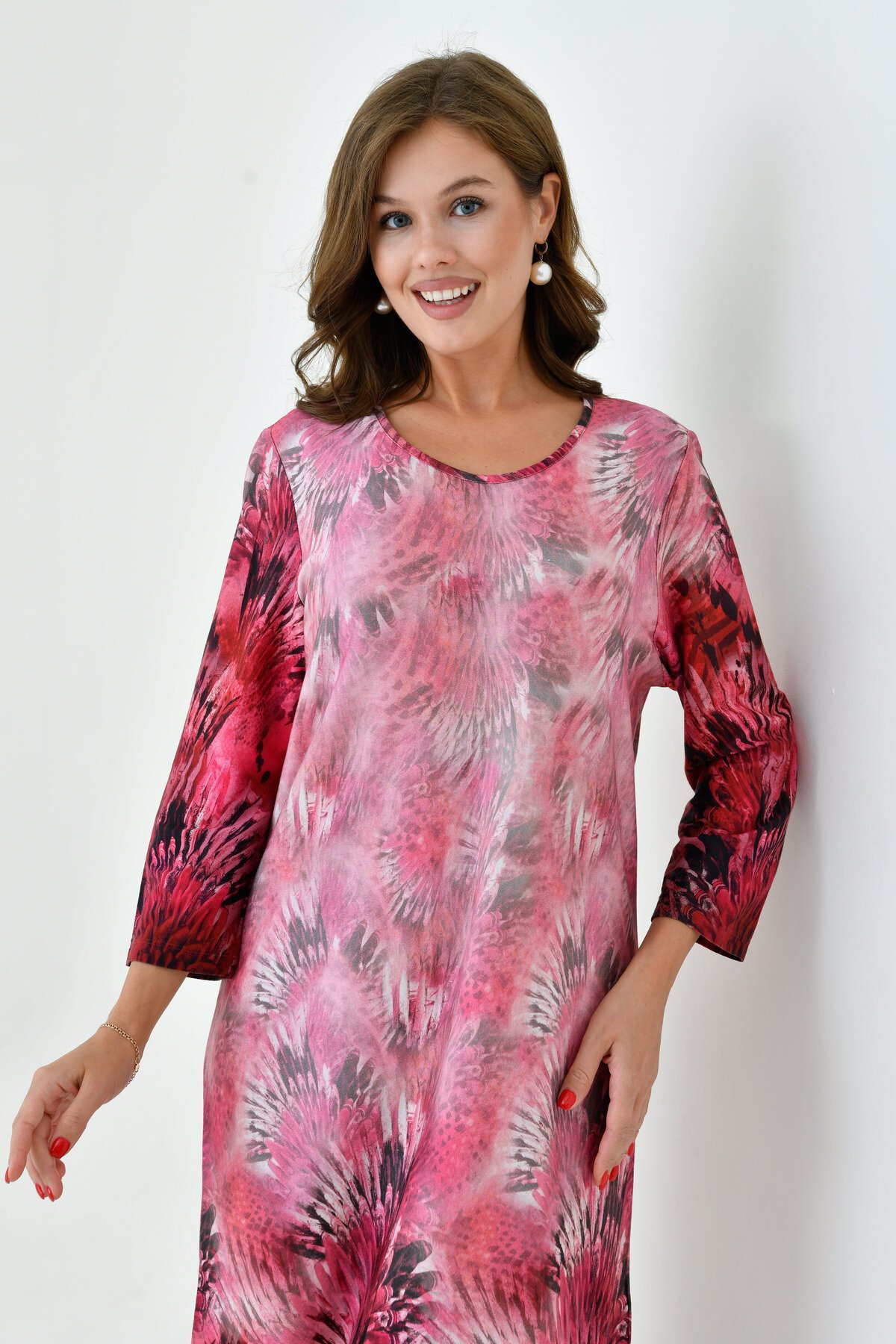 Kadın Truvakar Kol Desenli Midi Boy Büyük Beden Curve Gecelik Yırtmaçlı Pamuk Elbise