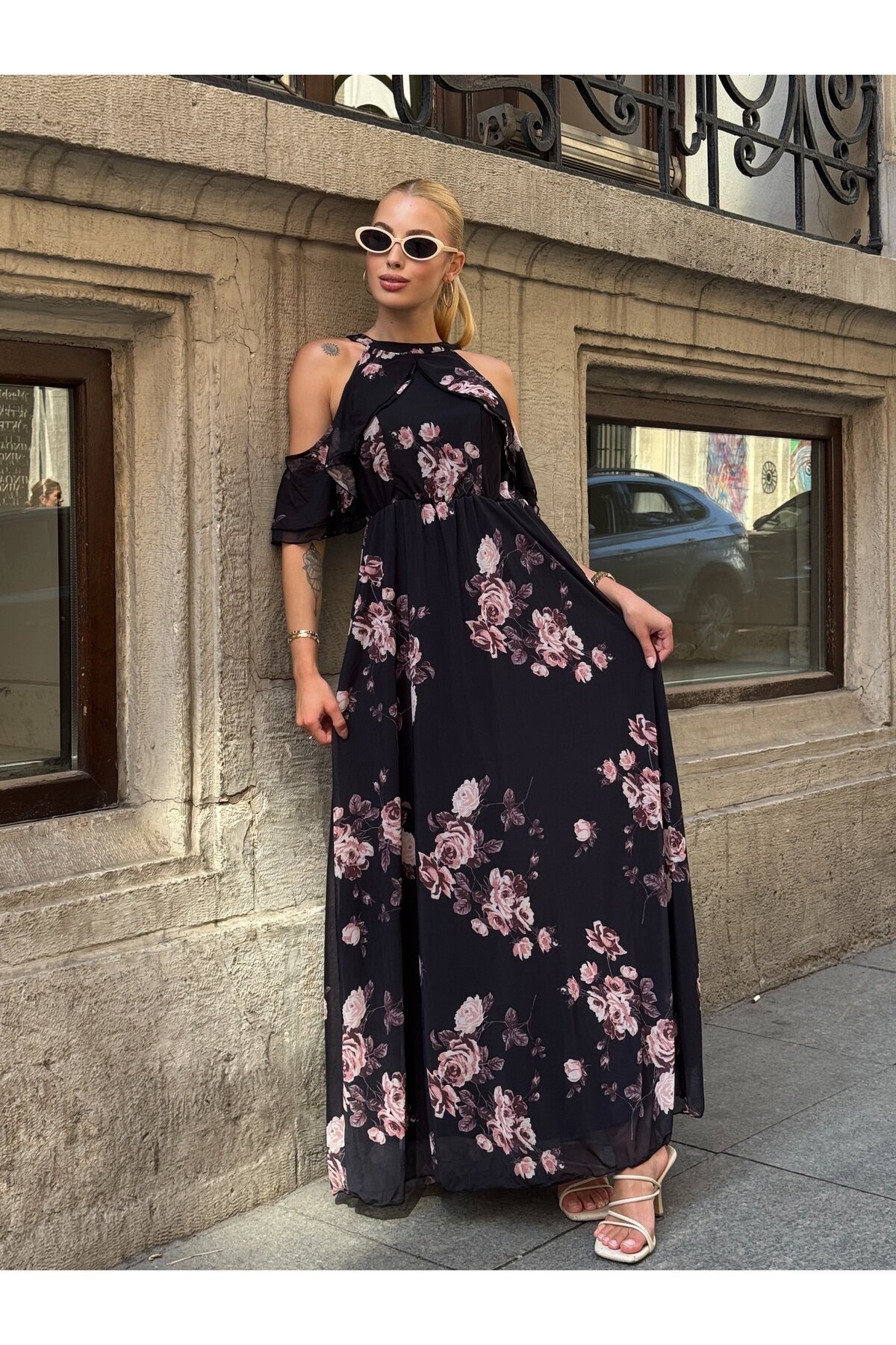 Kadın Tül Detaylı Omzu Açık Şık Rahat Kalıp Büyük Beden Abiye Elbise