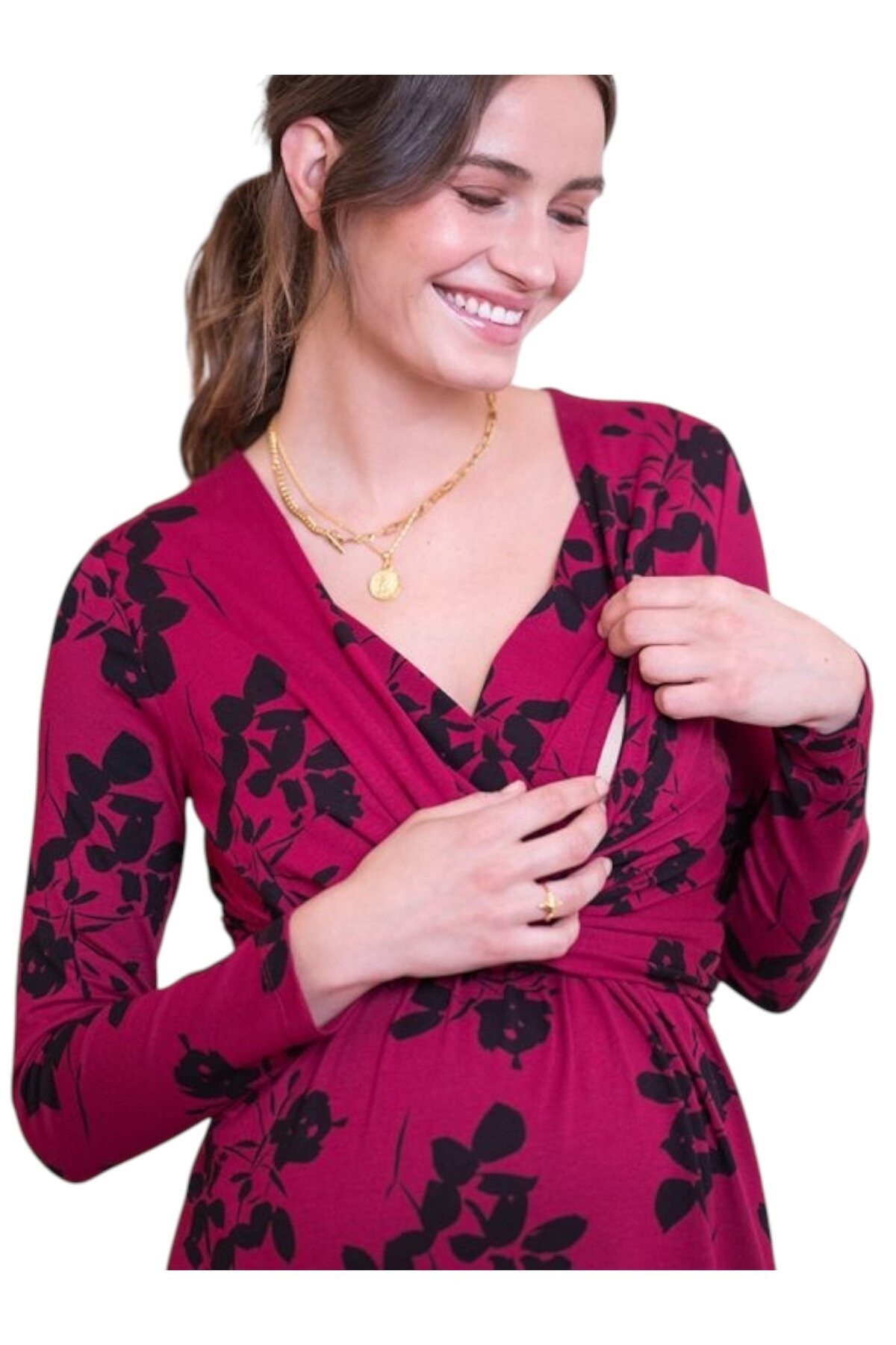 Kadın Uzun Kol Emzirme Detaylı Tesettüre Uygun Çiçek Desenli Viskon Rahat Şık Midi Hamile Elbisesi