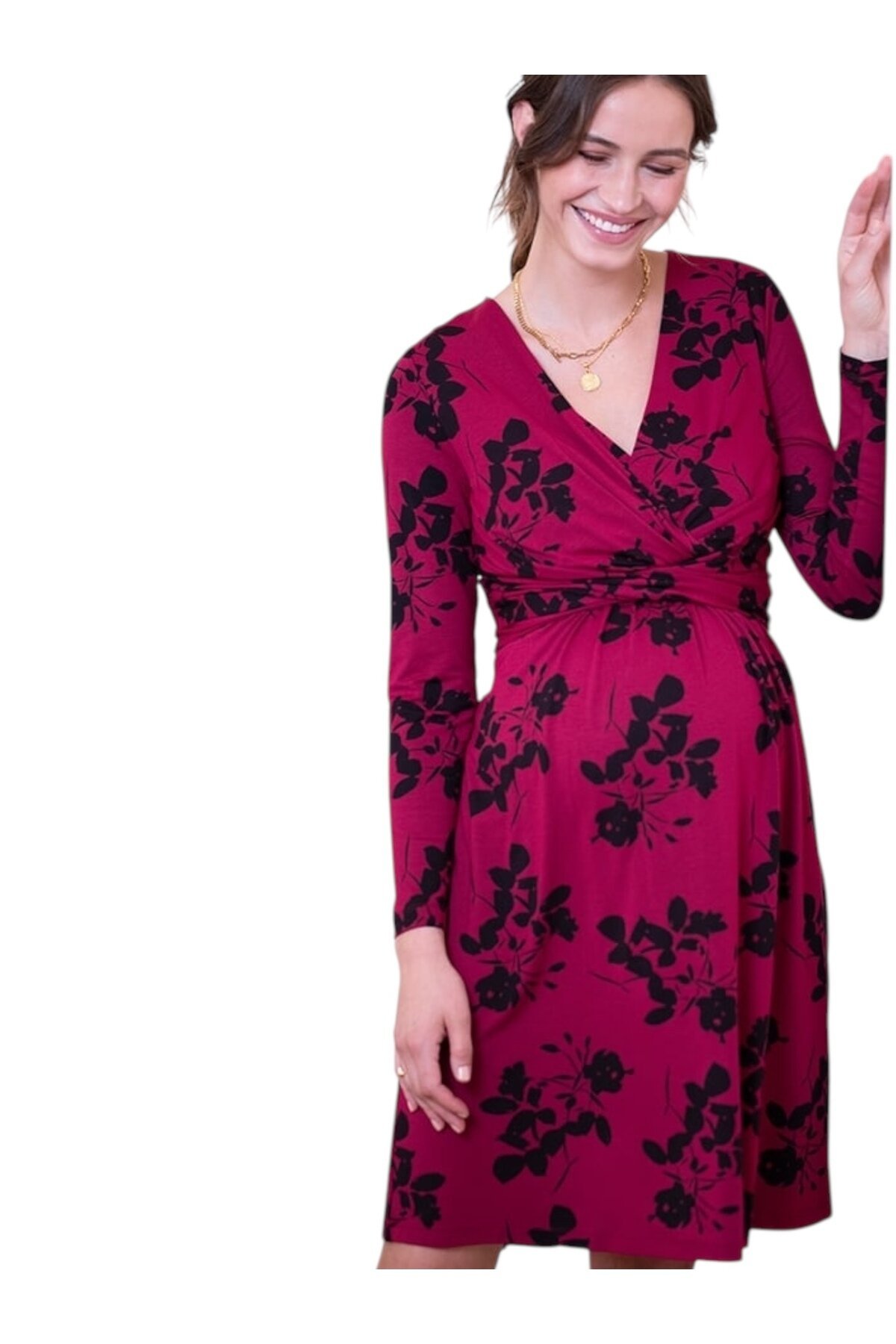 Kadın Uzun Kol Emzirme Detaylı Tesettüre Uygun Çiçek Desenli Viskon Rahat Şık Midi Hamile Elbisesi