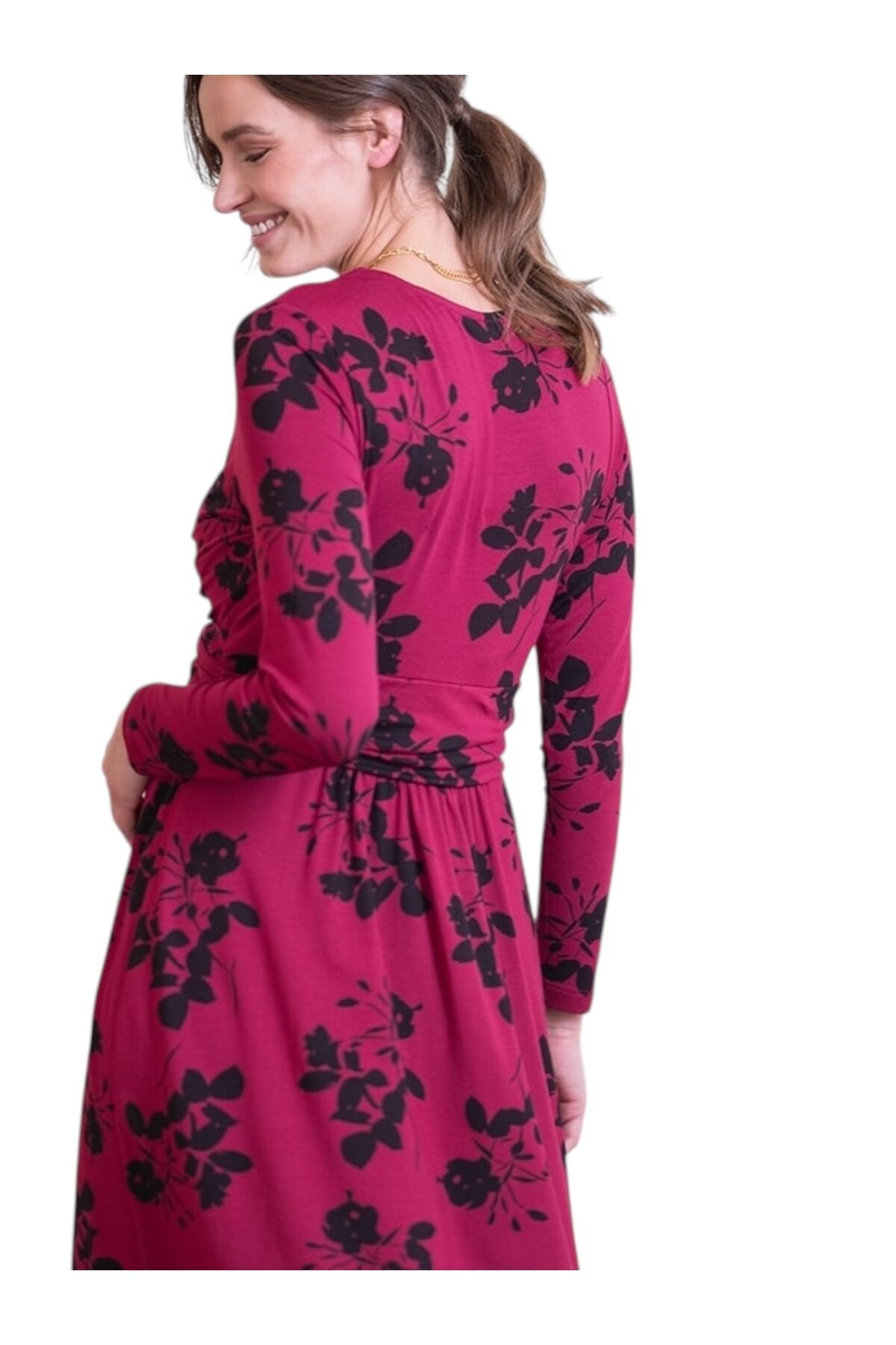 Kadın Uzun Kol Emzirme Detaylı Tesettüre Uygun Çiçek Desenli Viskon Rahat Şık Midi Hamile Elbisesi