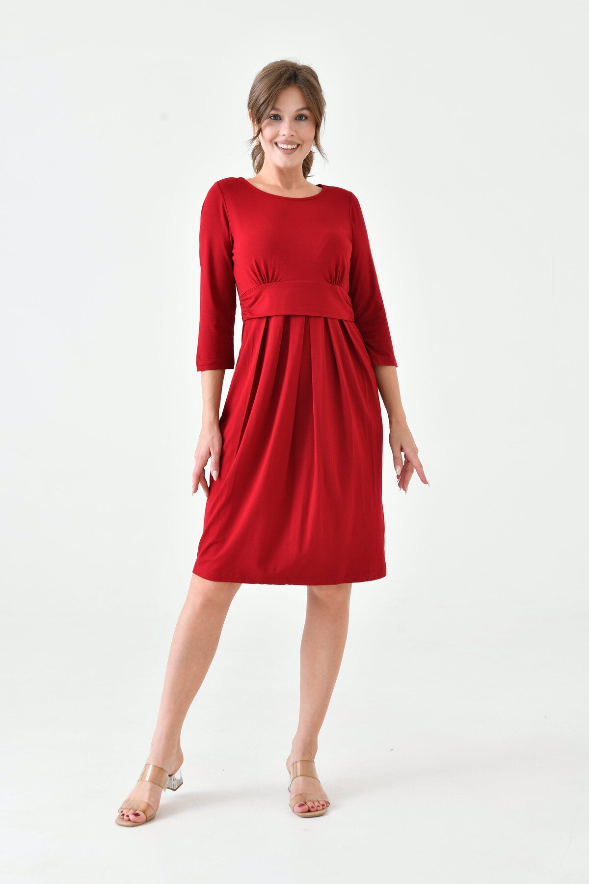 Kadın Uzun Kol Emzirme Detaylı Tesettüre Uygun Viskon Rahat Şık Midi Hamile Elbisesi