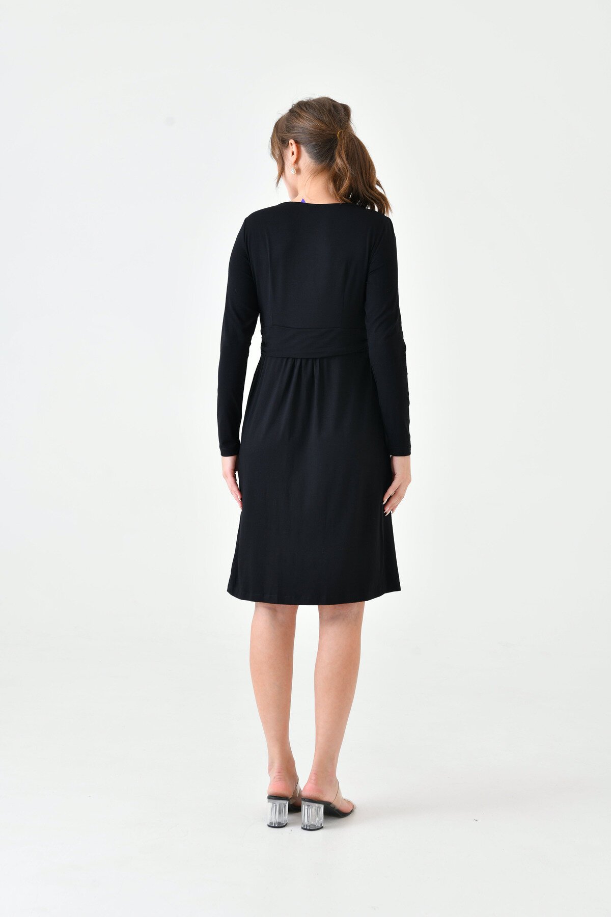 Kadın Uzun Kol Emzirme Detaylı Tesettüre Uygun Viskon Rahat Şık Midi Hamile Elbisesi