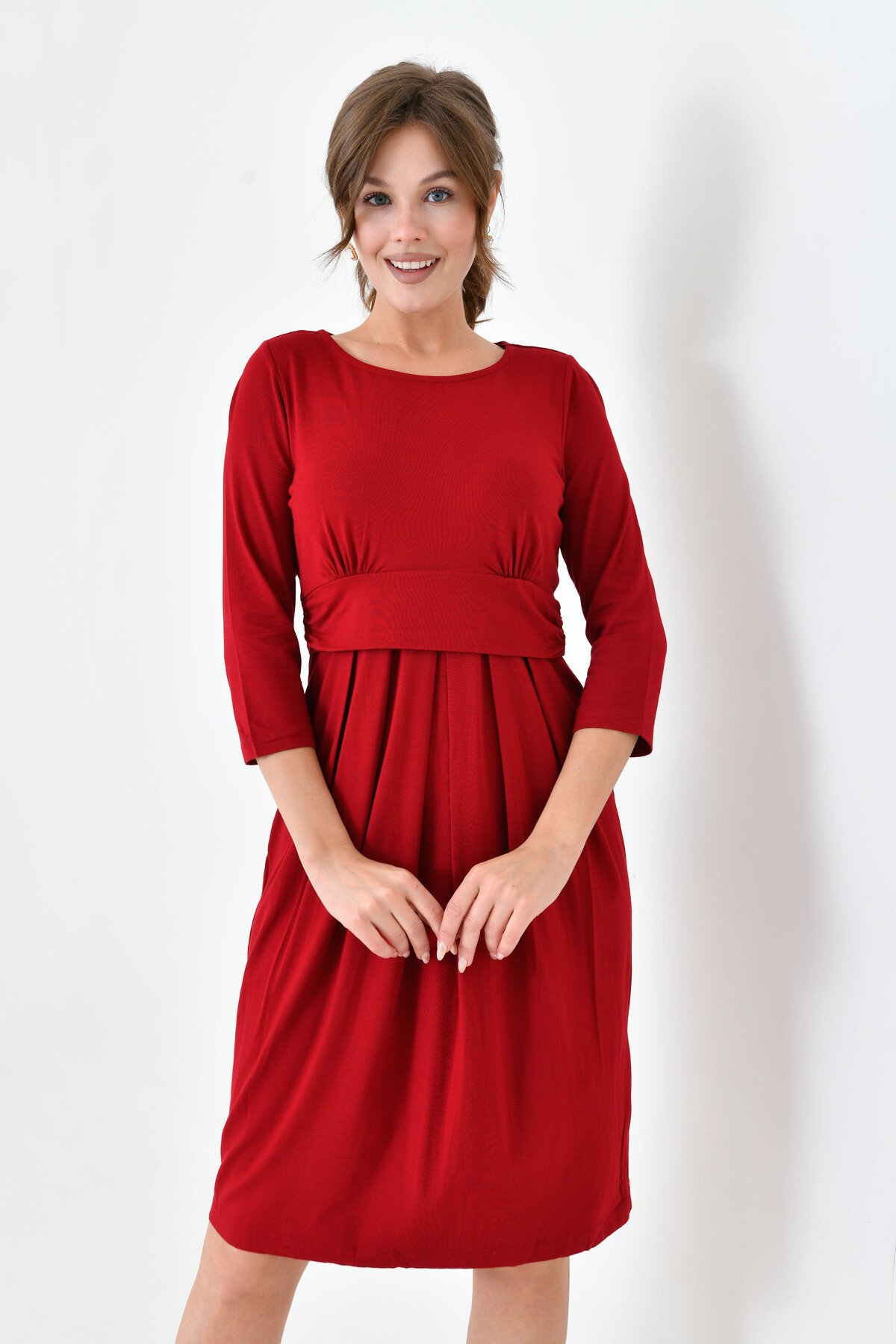 Kadın Uzun Kol Emzirme Detaylı Tesettüre Uygun Viskon Rahat Şık Midi Hamile Elbisesi