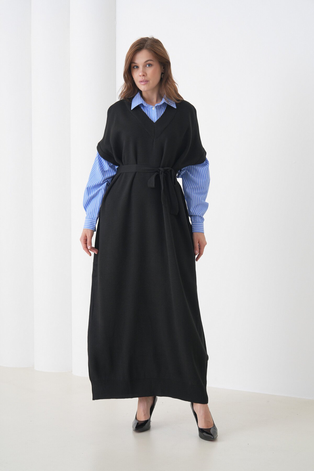 Kadın Uzun Kol Gömlek Yaka İçi Gömlekli Triko Kuşaklı Triko Spor Şık Elbise