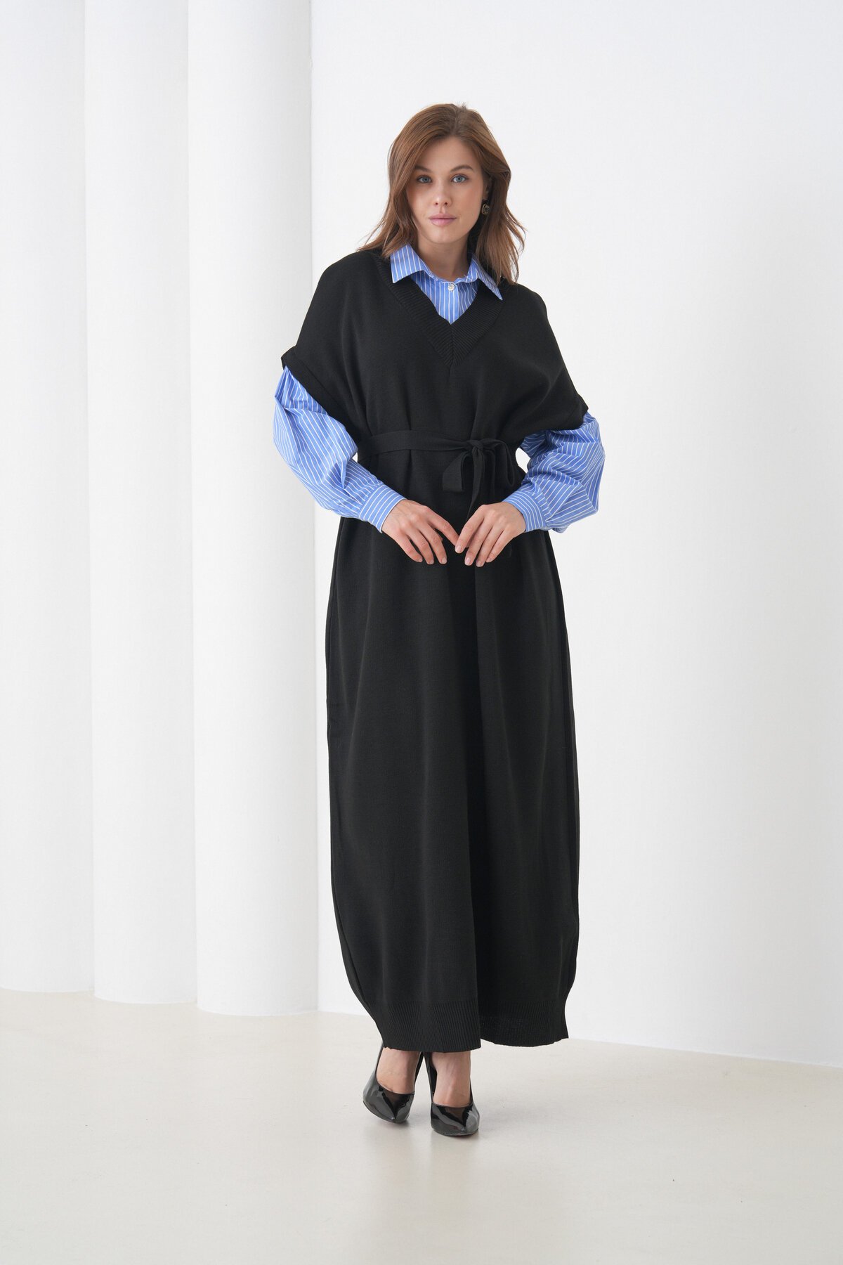 Kadın Uzun Kol Gömlek Yaka İçi Gömlekli Triko Kuşaklı Triko Spor Şık Elbise