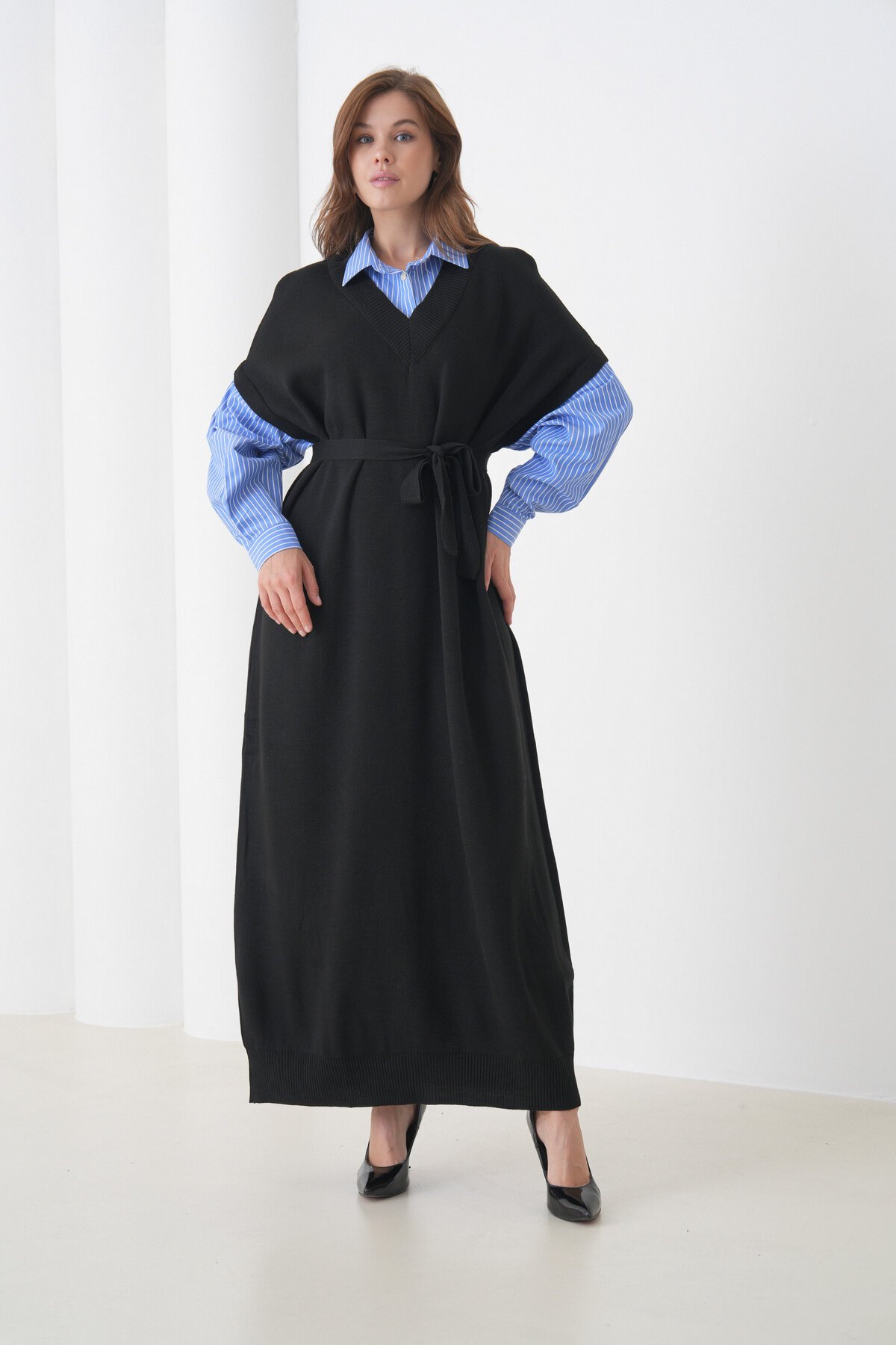 Kadın Uzun Kol Gömlek Yaka İçi Gömlekli Triko Kuşaklı Triko Spor Şık Elbise