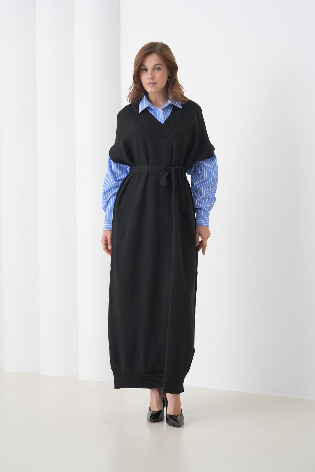 Kadın Uzun Kol Gömlek Yaka İçi Gömlekli Triko Kuşaklı Triko Spor Şık Elbise