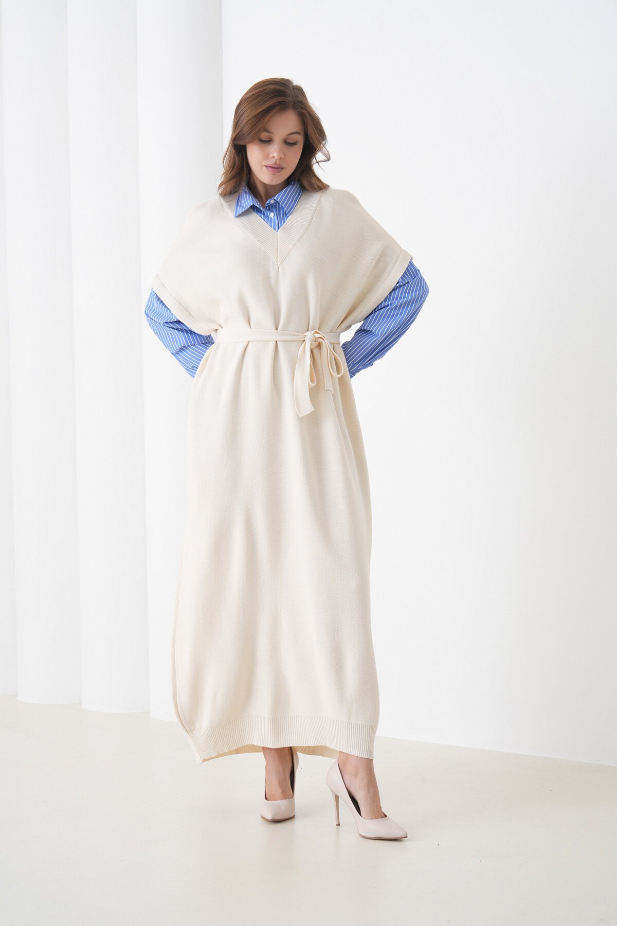 Kadın Uzun Kol Gömlek Yaka İçi Gömlekli Triko Kuşaklı Triko Spor Şık Elbise