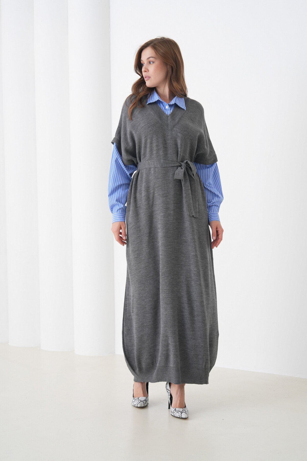 Kadın Uzun Kol Gömlek Yaka İçi Gömlekli Triko Kuşaklı Triko Spor Şık Elbise