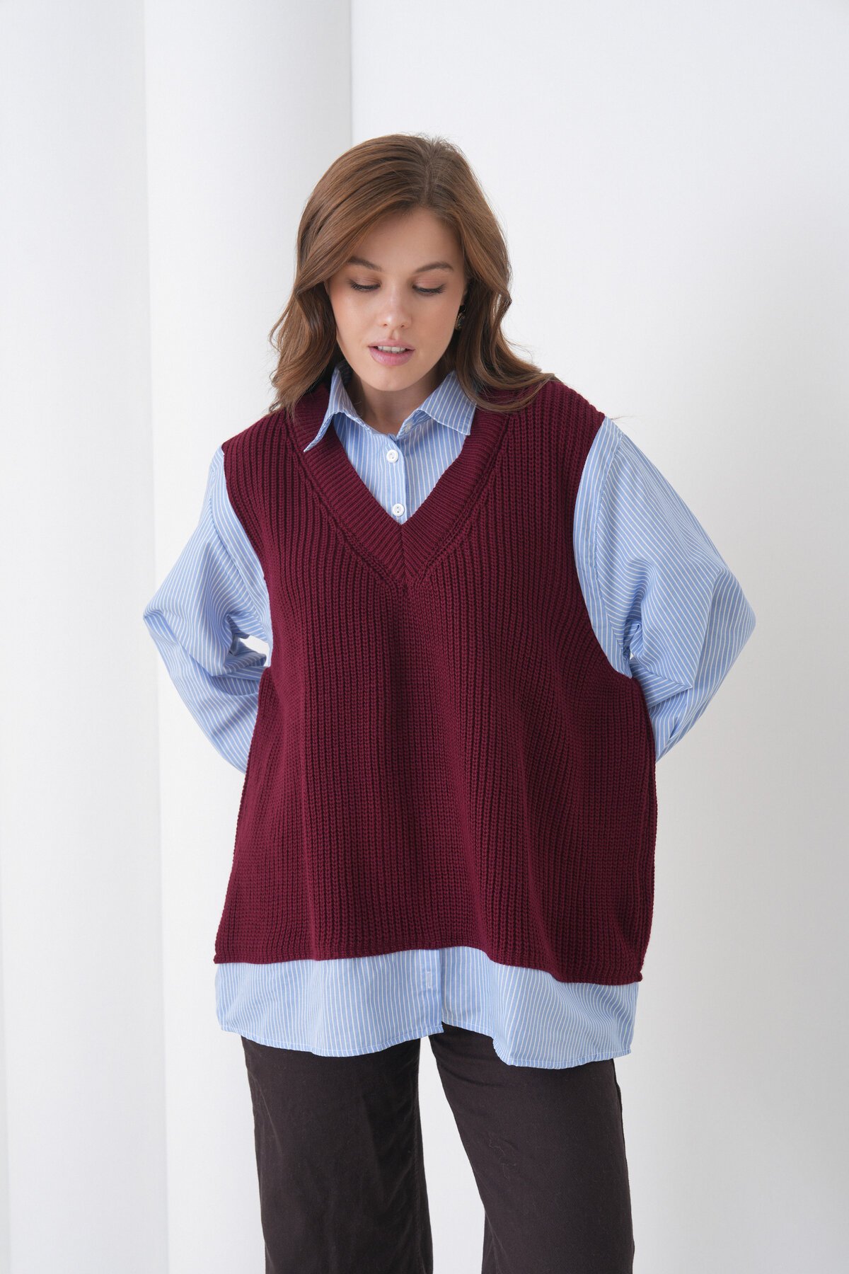 Kadın Uzun Kol Gömlek Yaka İçi Gömlekli Triko Yelekli Spor Şık Gömlek Kazak