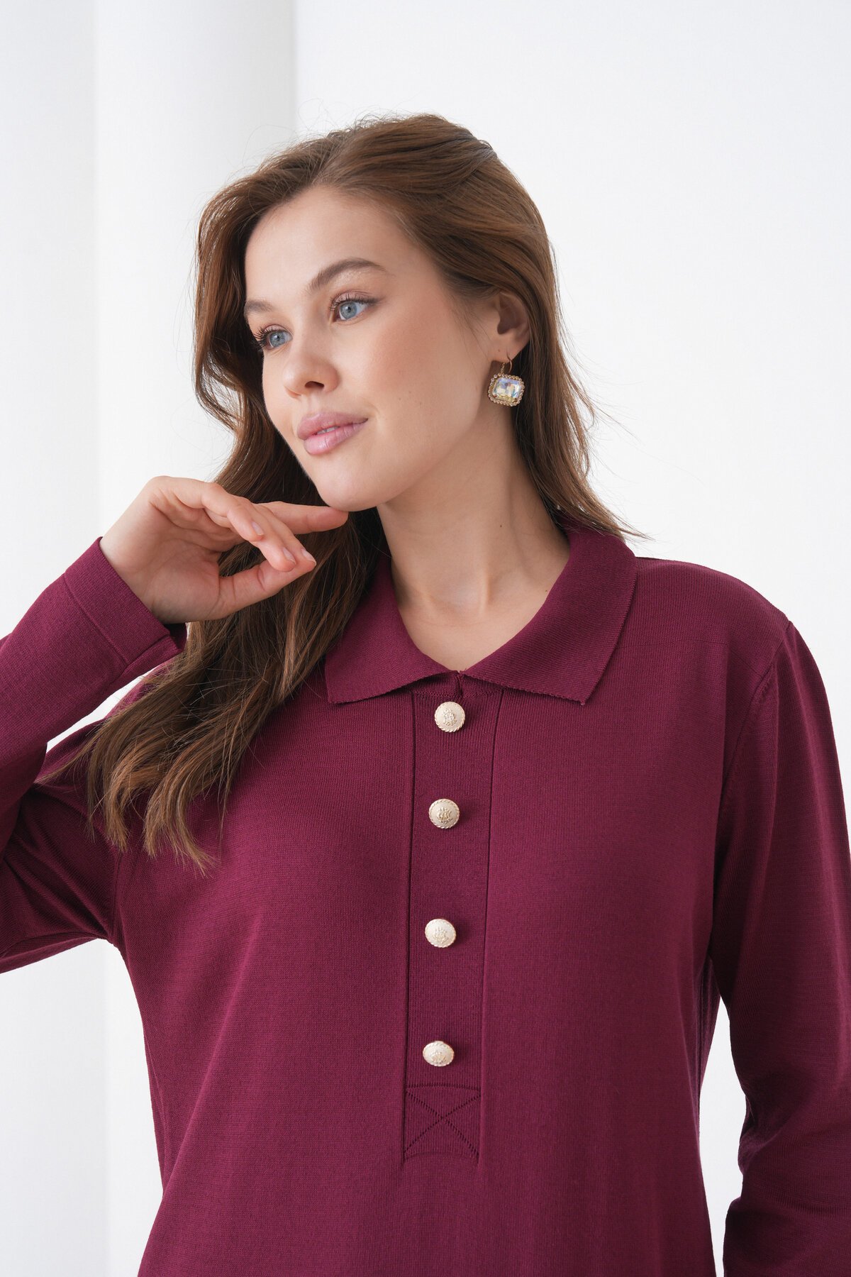 Kadın Uzun Kol Gömlek Yaka Triko Önden Düğmeli Triko Spor Şık Elbise