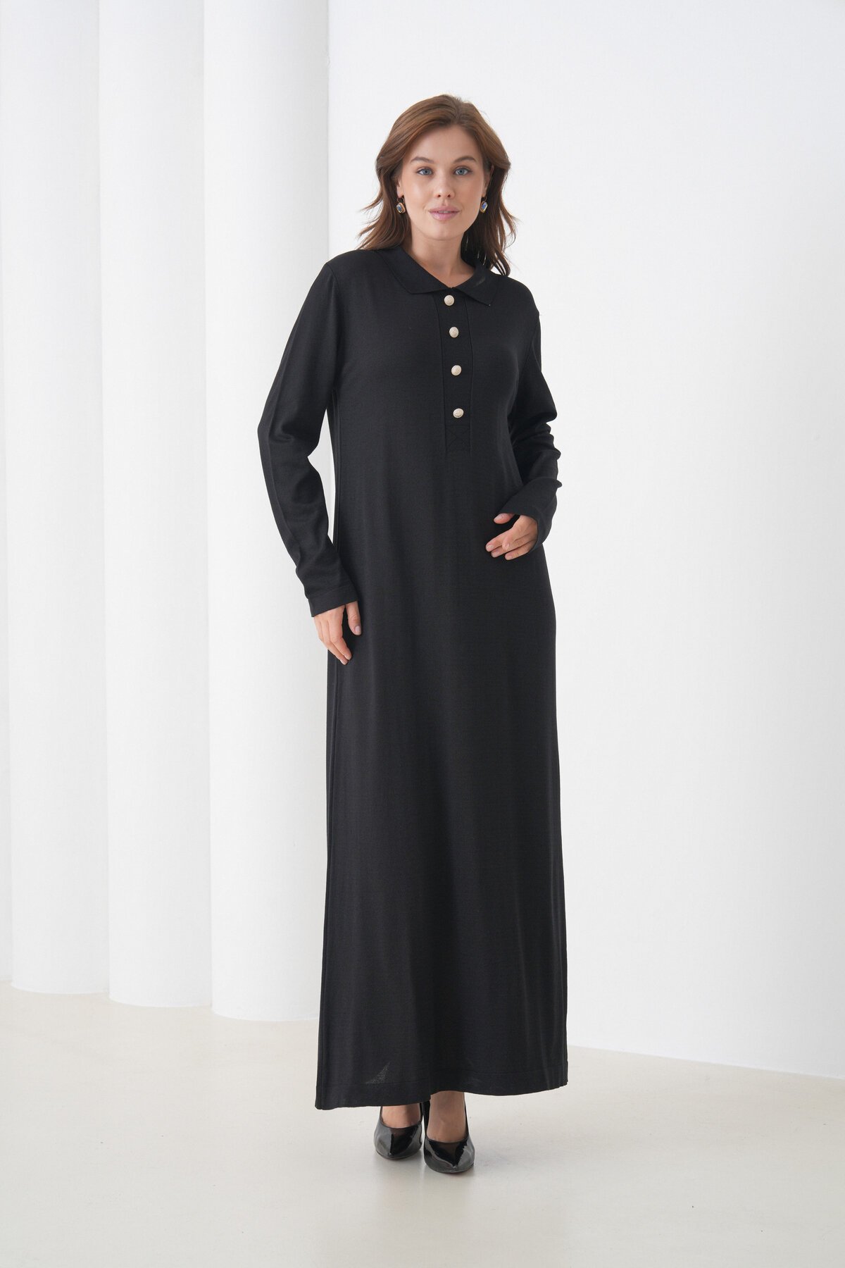 Kadın Uzun Kol Gömlek Yaka Triko Önden Düğmeli Triko Spor Şık Elbise