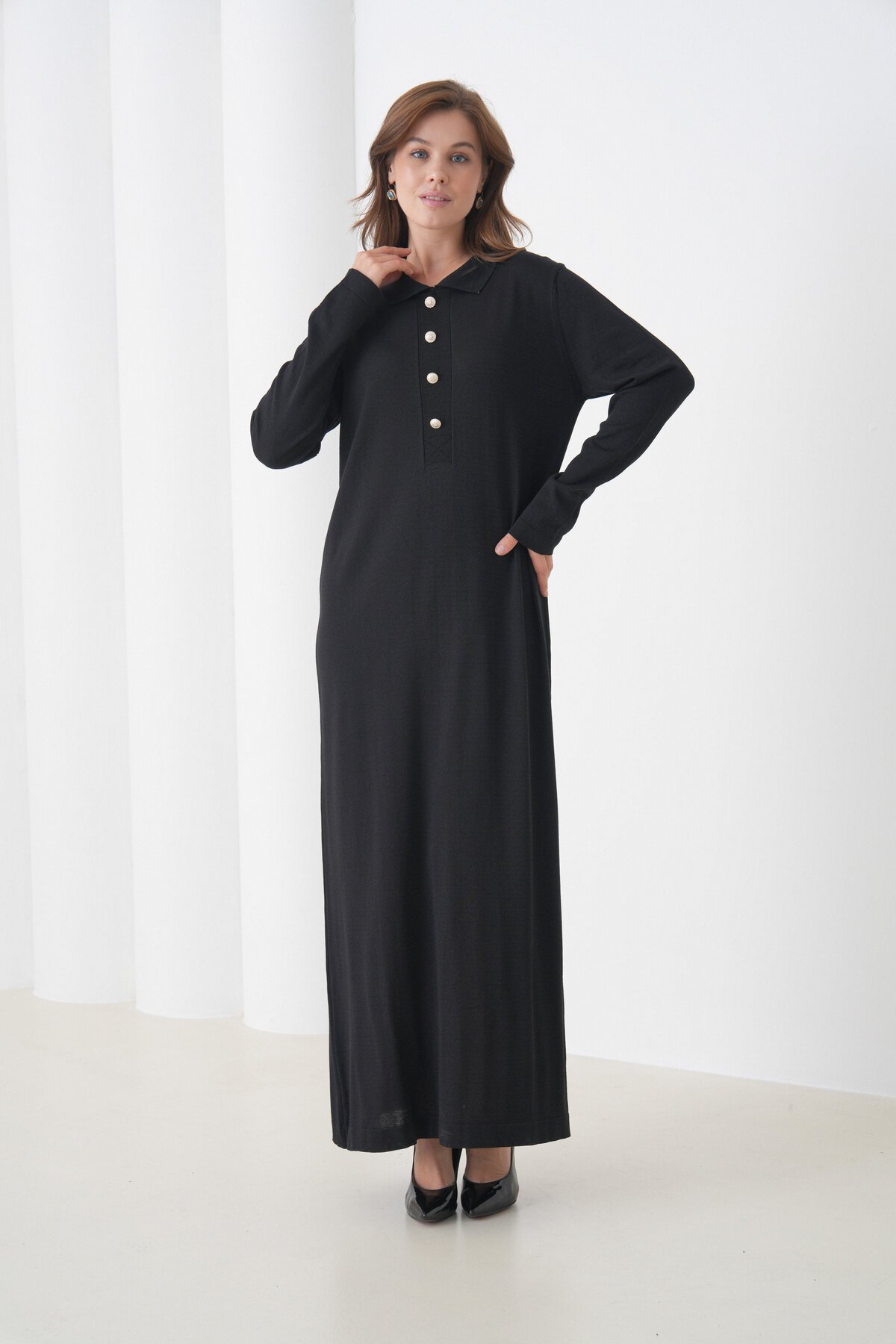 Kadın Uzun Kol Gömlek Yaka Triko Önden Düğmeli Triko Spor Şık Elbise