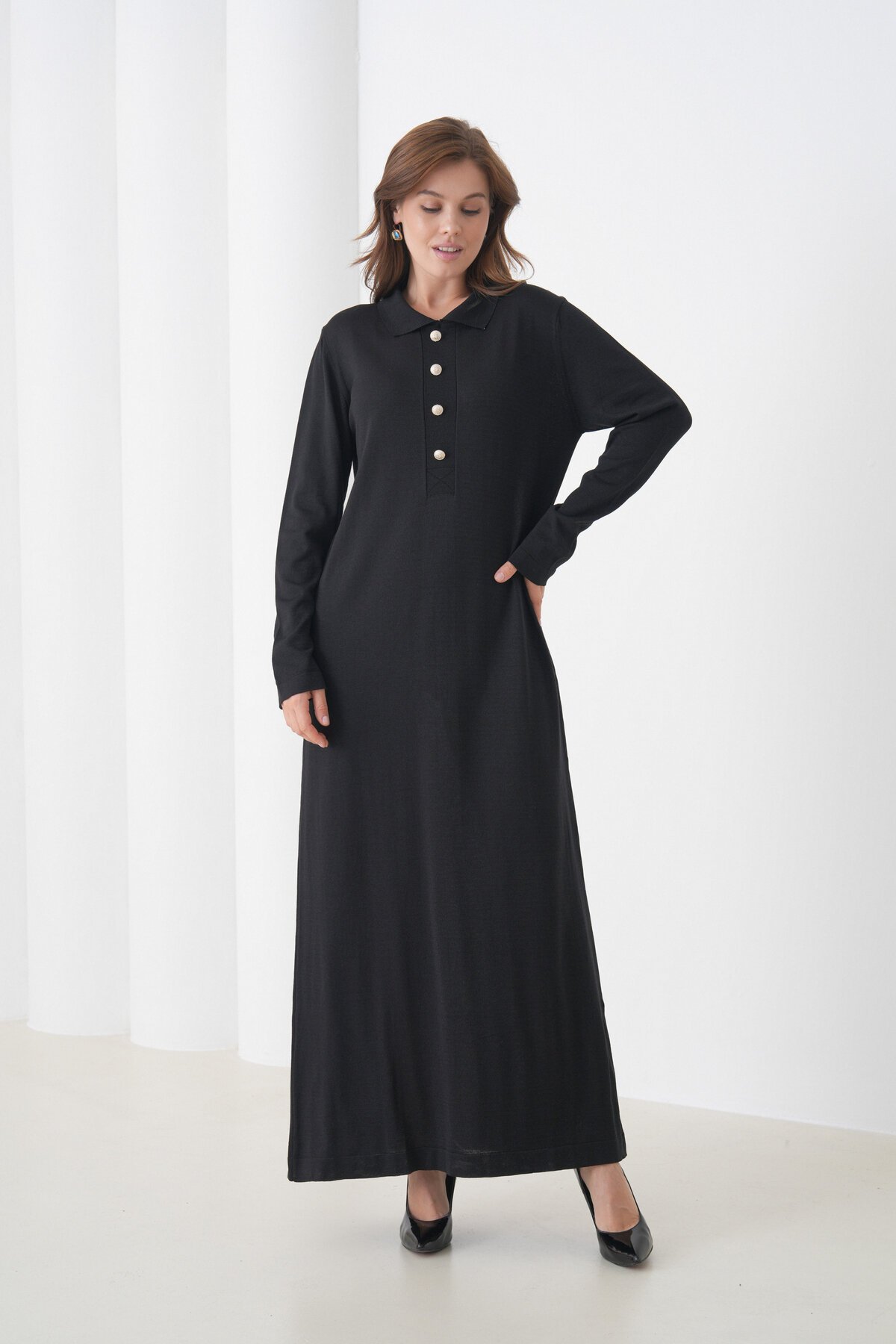 Kadın Uzun Kol Gömlek Yaka Triko Önden Düğmeli Triko Spor Şık Elbise