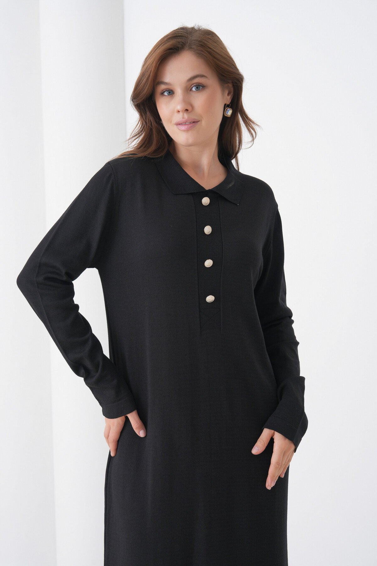 Kadın Uzun Kol Gömlek Yaka Triko Önden Düğmeli Triko Spor Şık Elbise