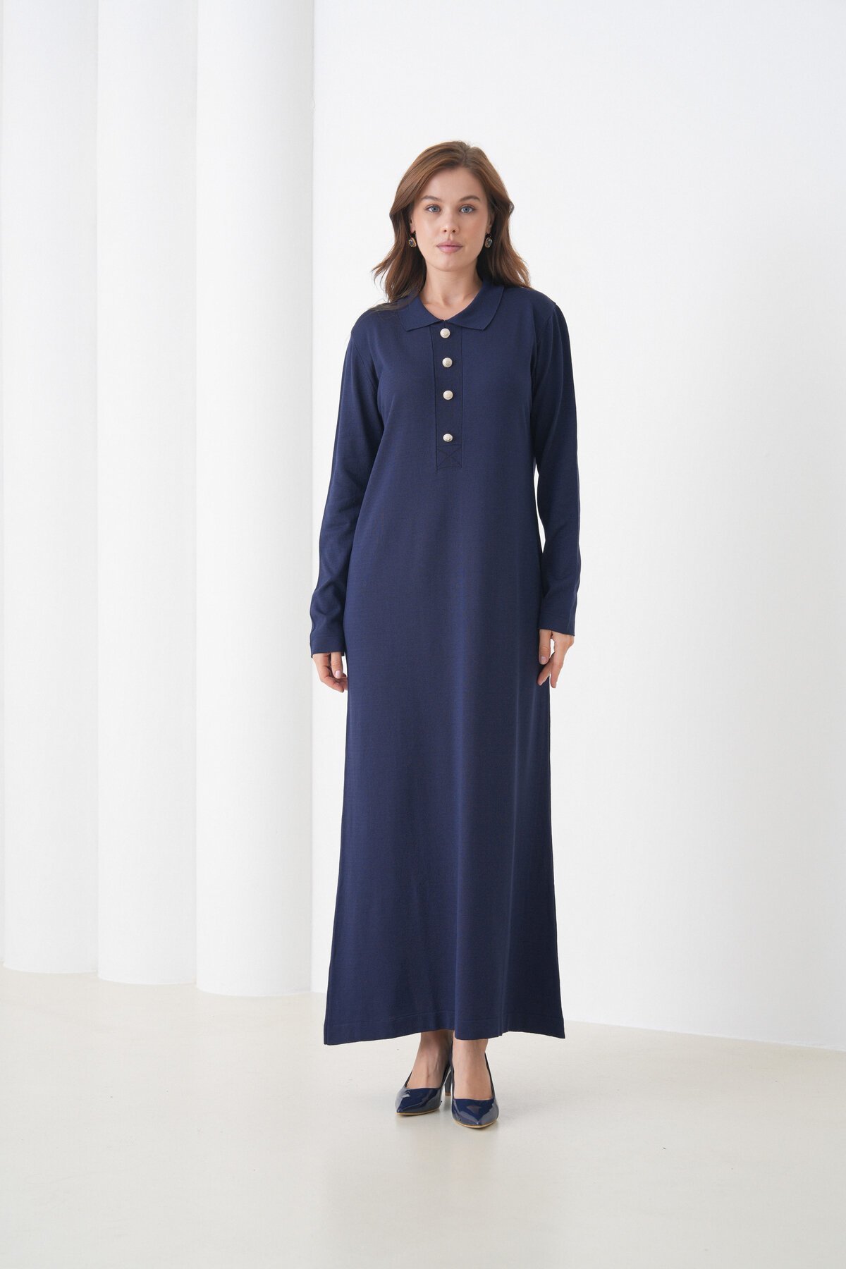 Kadın Uzun Kol Gömlek Yaka Triko Önden Düğmeli Triko Spor Şık Elbise