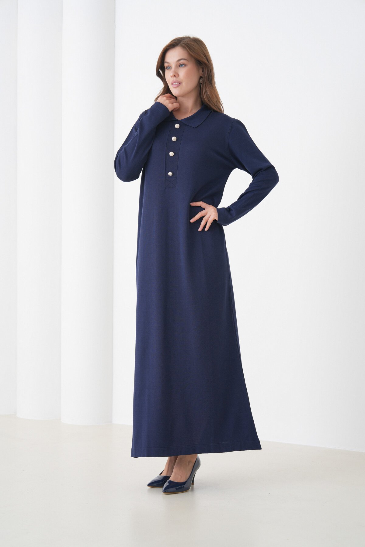 Kadın Uzun Kol Gömlek Yaka Triko Önden Düğmeli Triko Spor Şık Elbise