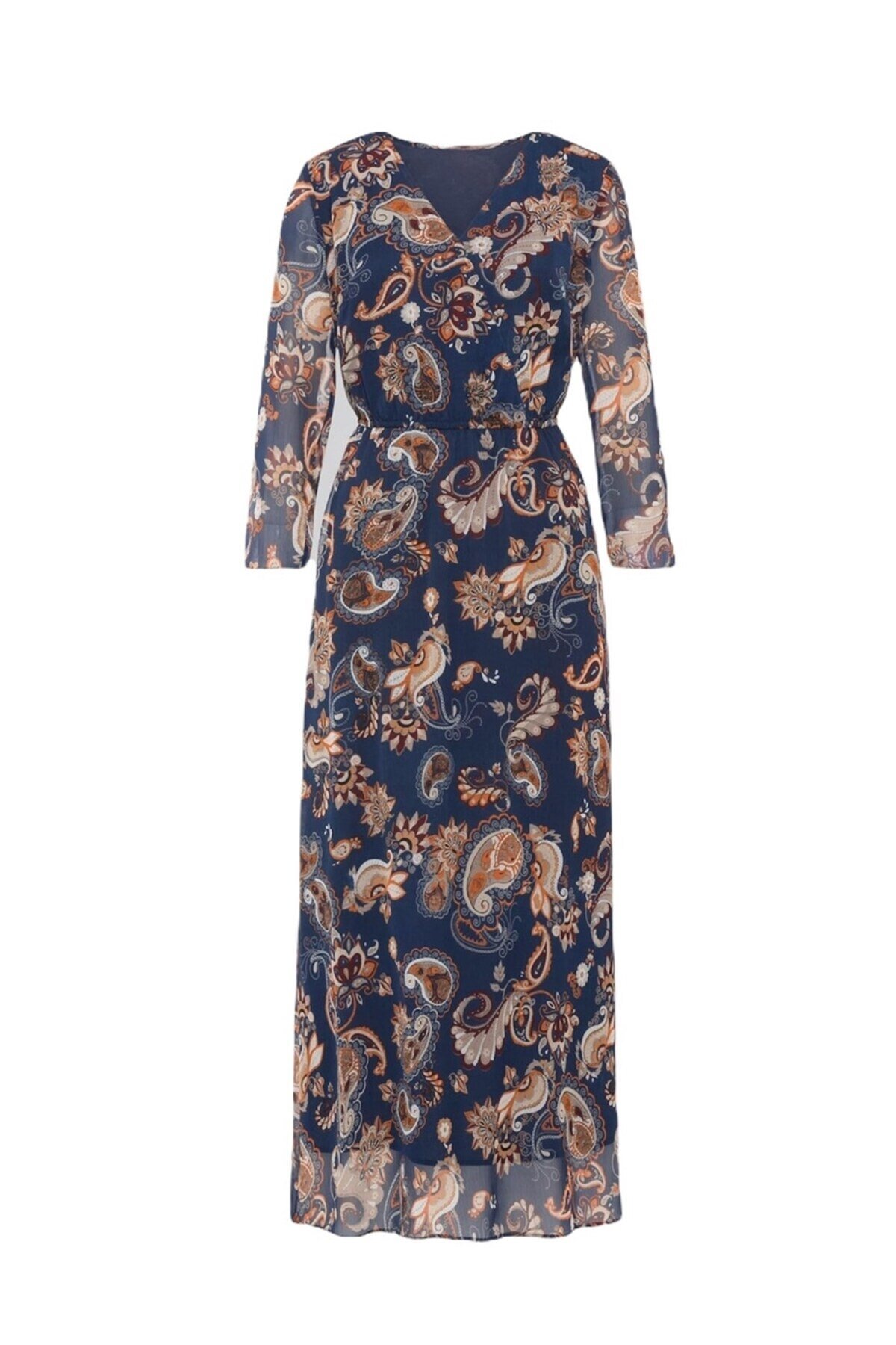 Kadın V Yaka  Astarlı Uzun Truvakar Kol Çiçekli Tül Şık Maxi Boy Elbise
