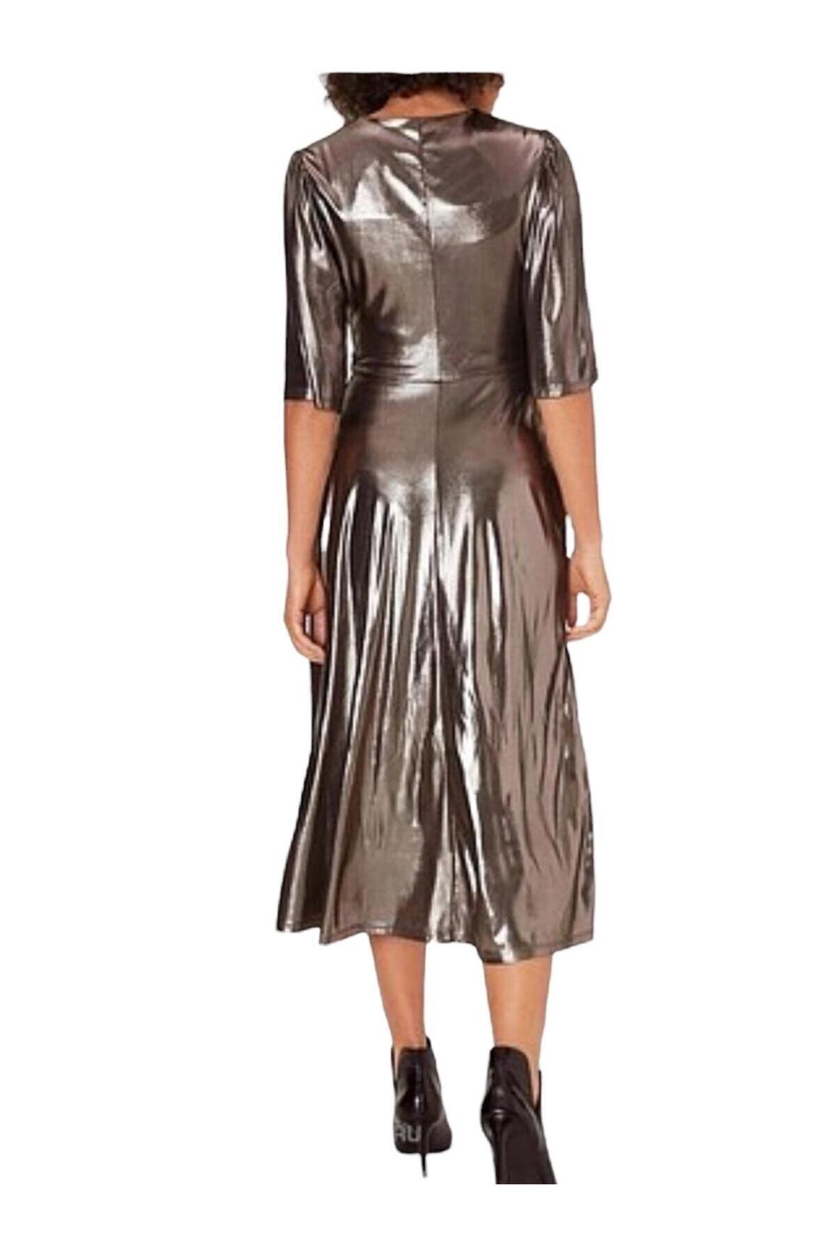 Kadın V Yaka Detay Asimetrik Kol Ve Etek Şık Parlak Curve Abiye Gece Elbisesi