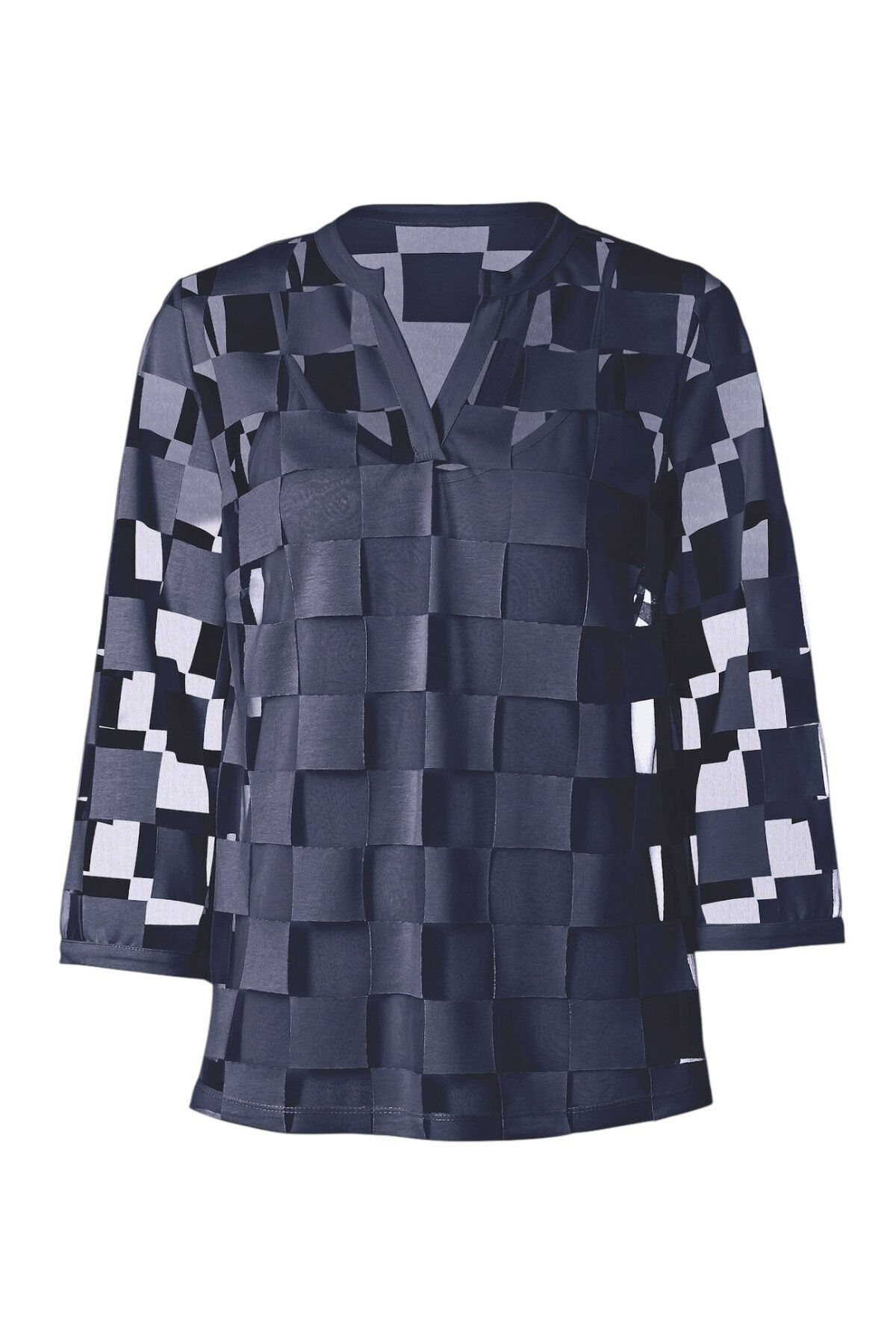 Kadın V Yaka Kare Desenli Şifon Truvakar Kol Astarlı Tasarım Şık Büyük Beden Curve Bluz