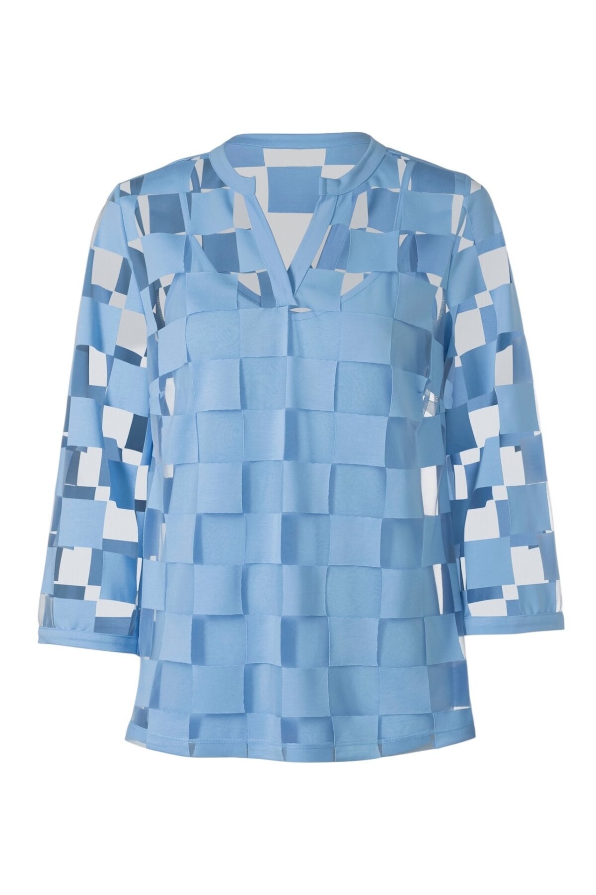 Kadın V Yaka Kare Desenli Şifon Truvakar Kol Astarlı Tasarım Şık Büyük Beden Curve Bluz