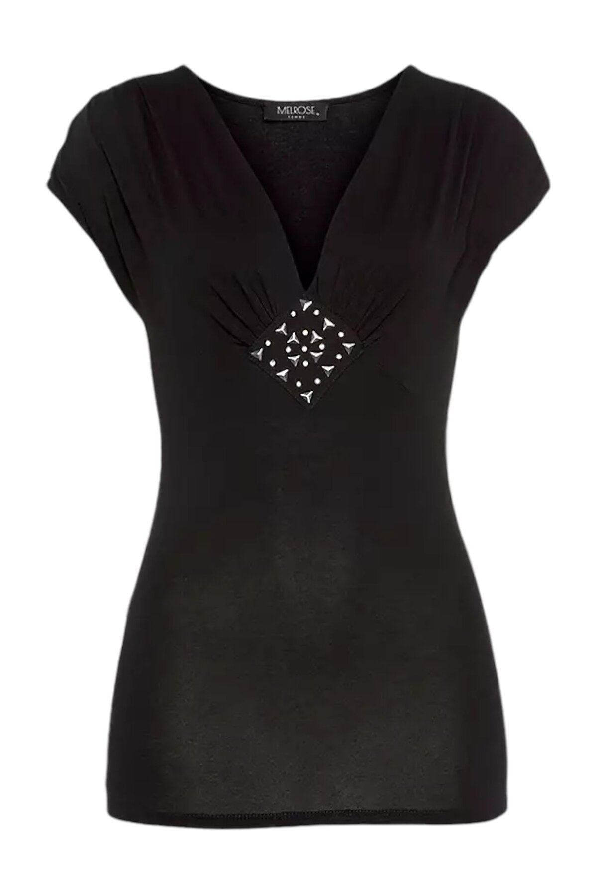 Kadın V Yaka Önü Taşlı Spor Şık Gece Gündüz Siyah Basic Bluz