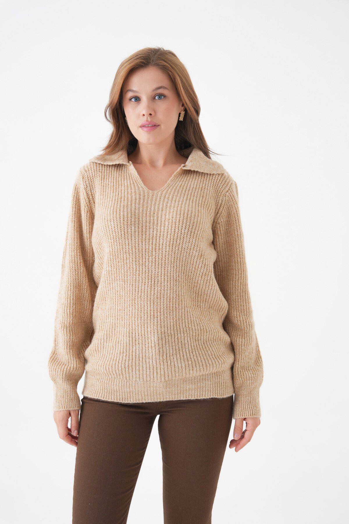 Kadın V Yakalı Basic Uzun Kol Rahat Kalıp Spor Şık Kazak