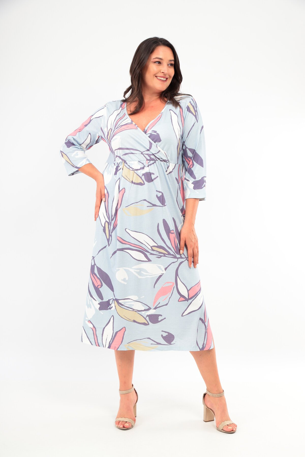 Kadın Viskon Kruvaze Yaka Truvakar Kol Büyük Beden Curve Gecelik Elbise