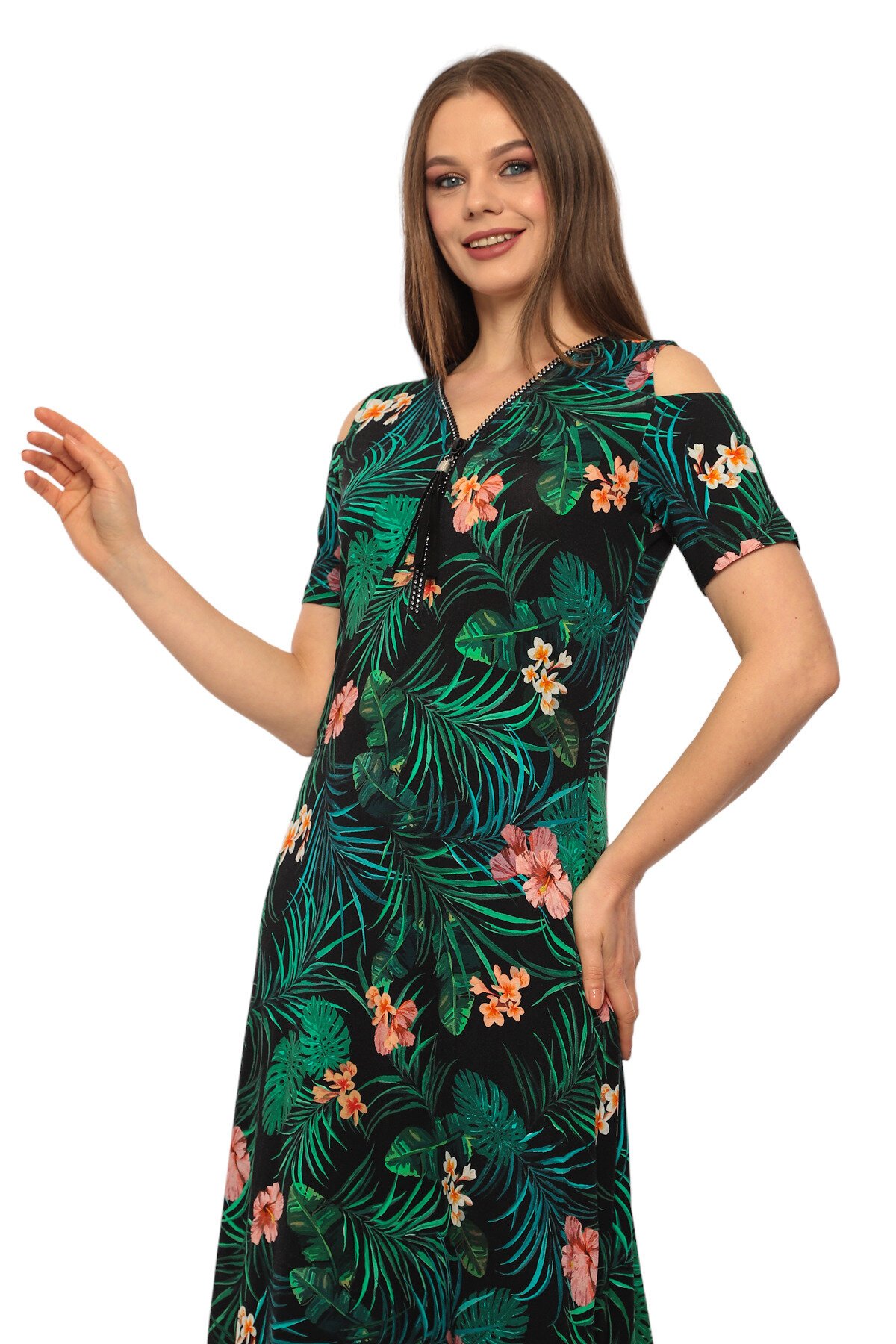 Kadın Yaka Taşlı Fermuarlı Spor Şık Maxi Boy Viskon Siyah Yeşil Curve Elbise