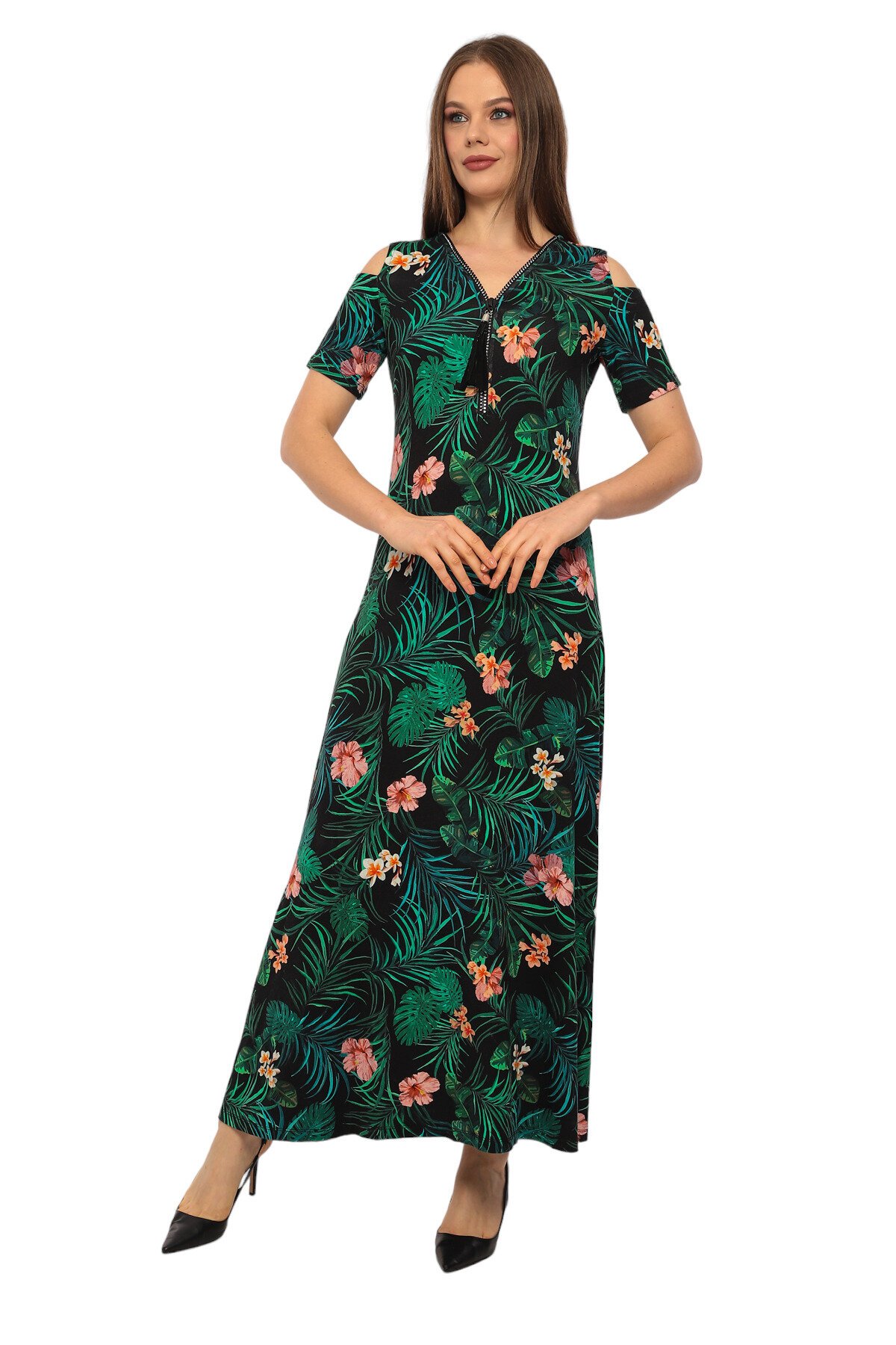 Kadın Yaka Taşlı Fermuarlı Spor Şık Maxi Boy Viskon Siyah Yeşil Curve Elbise