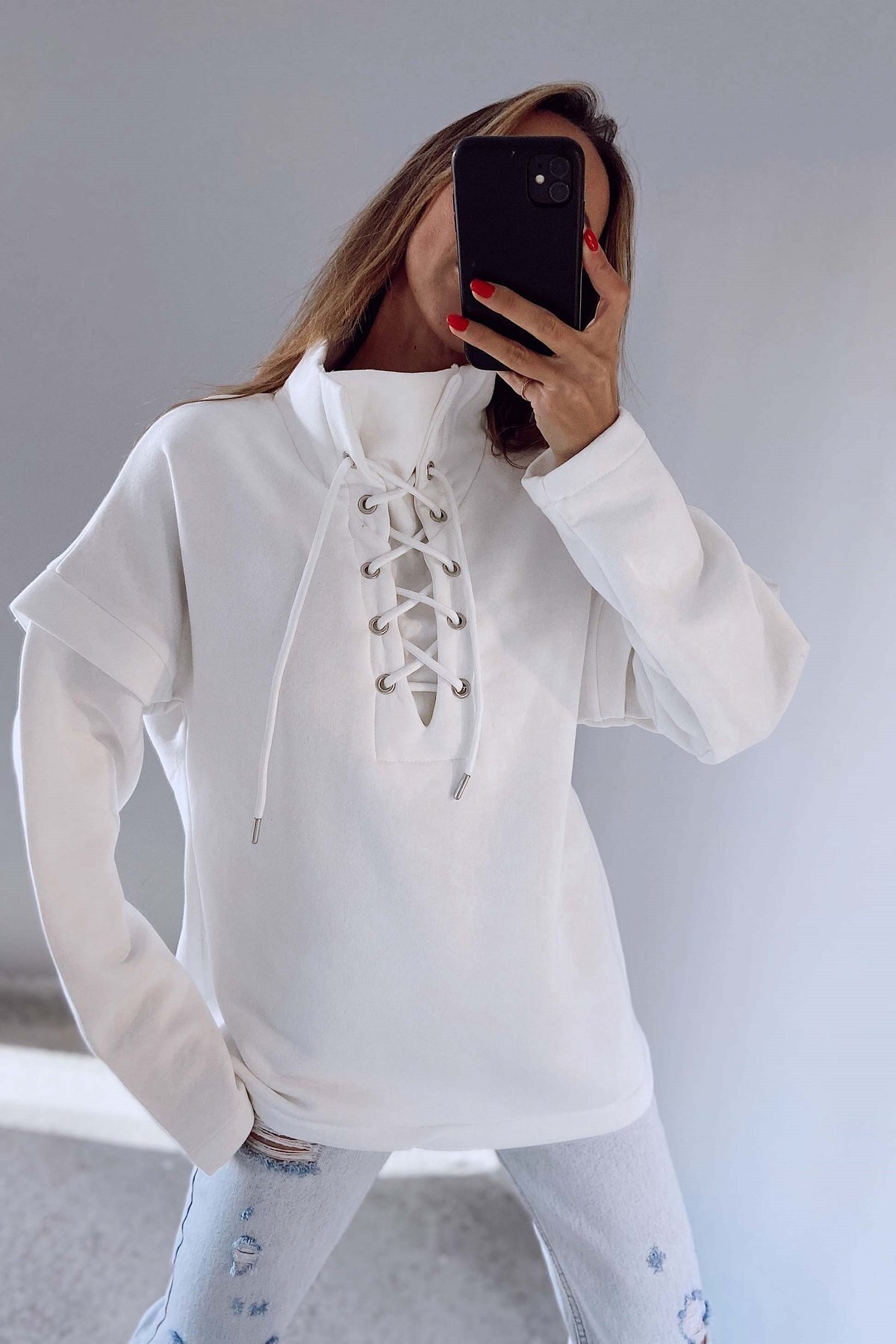 Kadın Yakası Bağcıklı Scuba Oversize Spor Şık Tasarım Sweatshirt