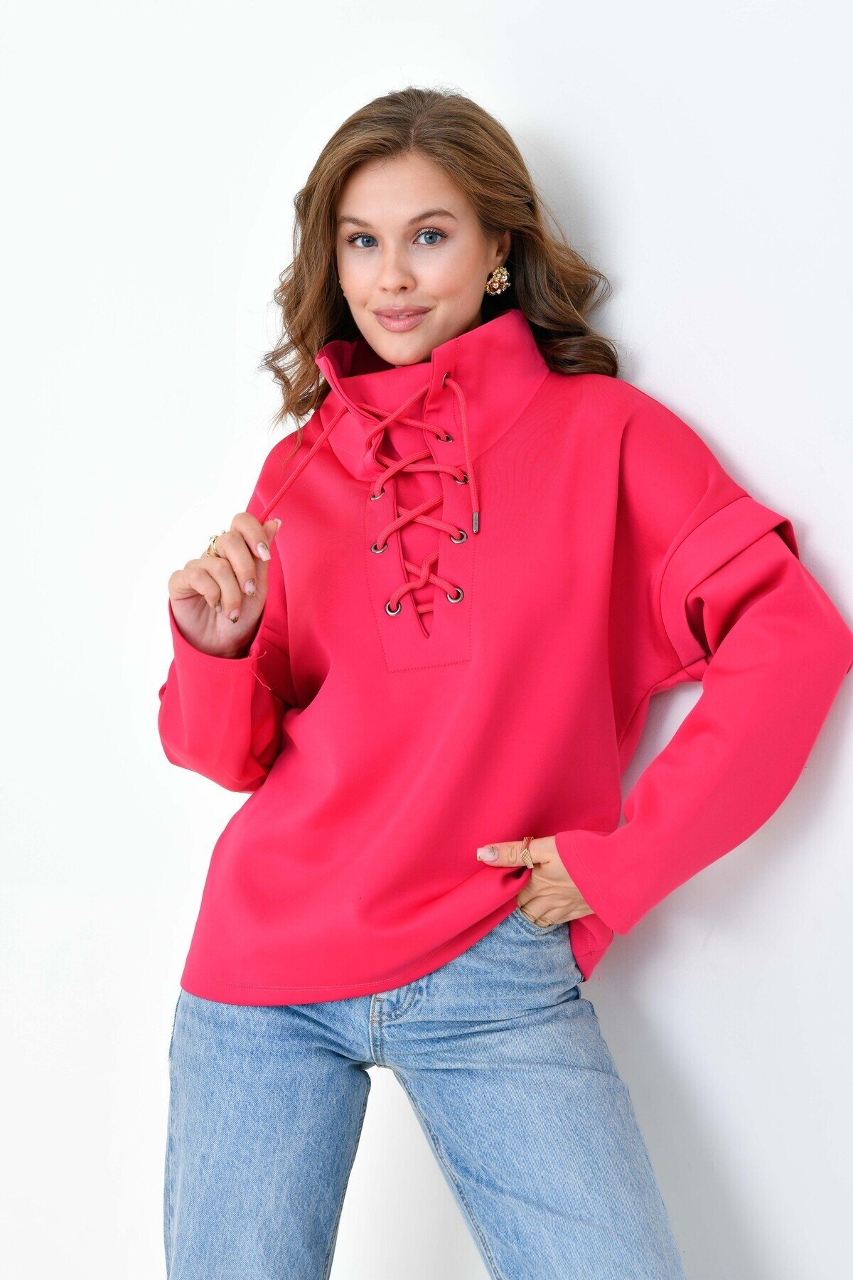 Kadın Yakası Bağcıklı Scuba Oversize Spor Şık Tasarım Sweatshirt