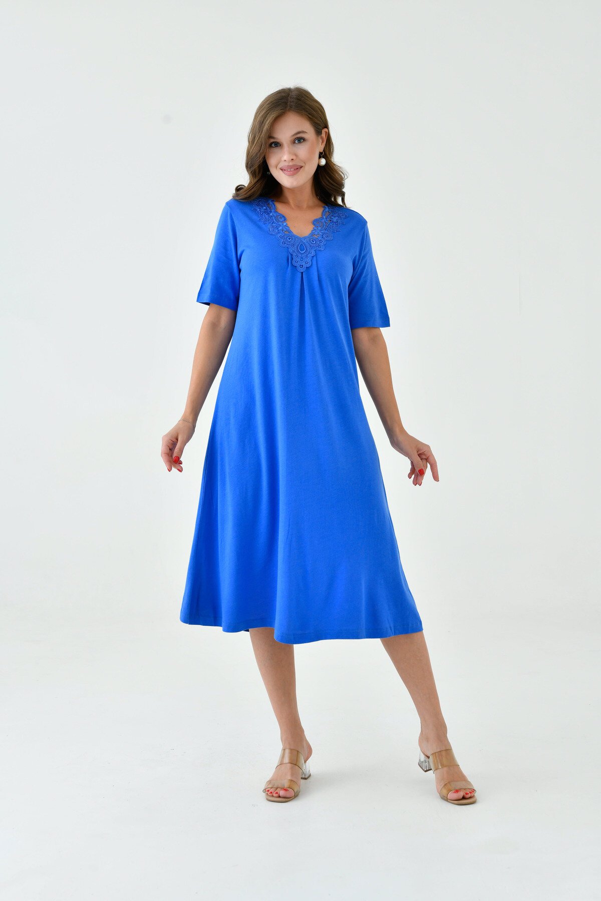 Kadın Yakası Güpürlü A Kesim Yarım Kol Viskon Günlük Midi Boy Büyük Beden Elbise Gecelik