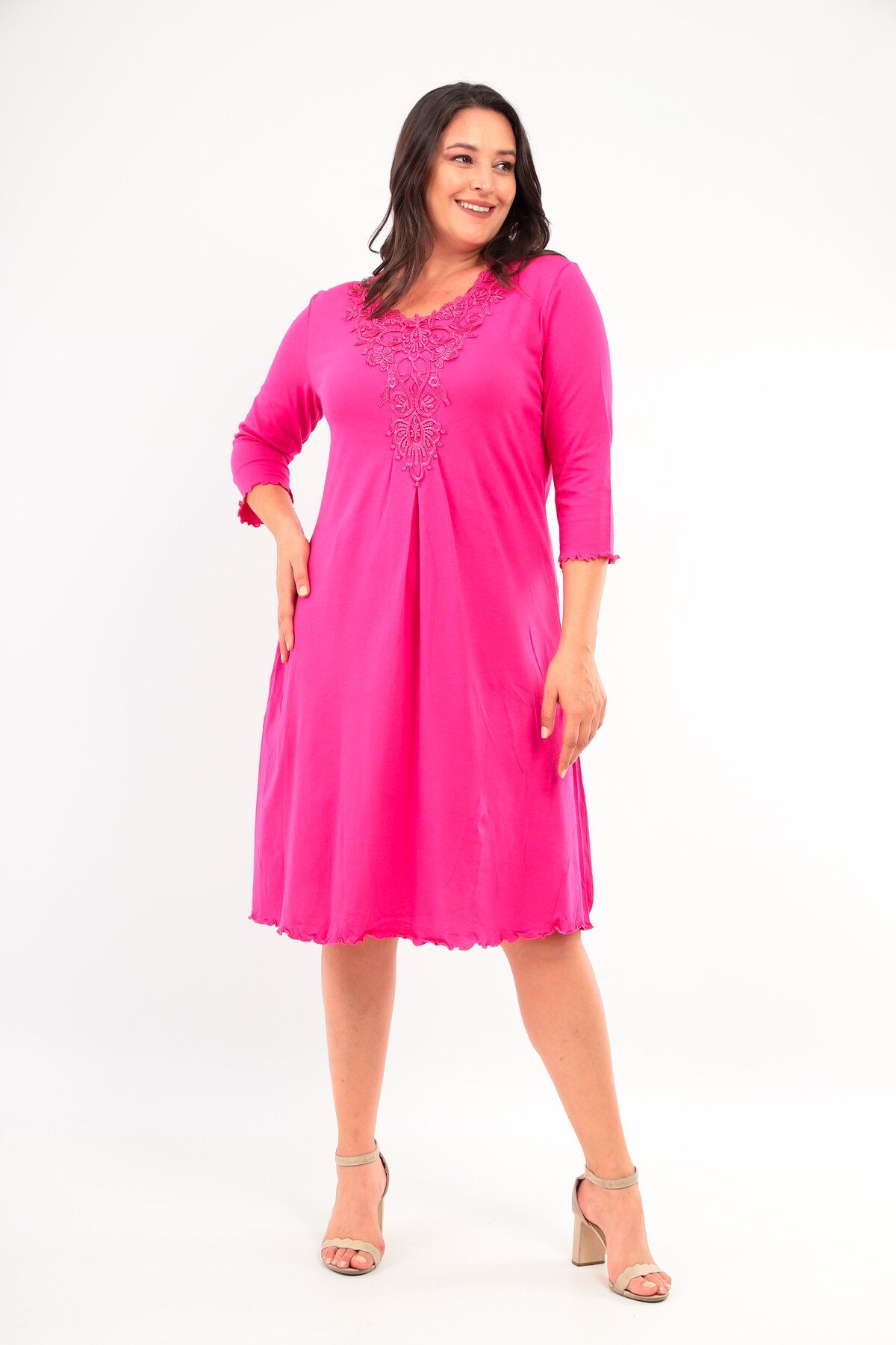 Kadın Yakası Güpürlü A Kesim Yarım Kol Viskon Günlük Midi Boy Büyük Beden Elbise Gecelik