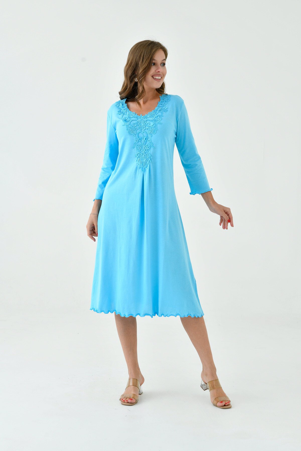 Kadın Yakası Güpürlü A Kesim Yarım Kol Viskon Günlük Midi Boy Büyük Beden Elbise Gecelik