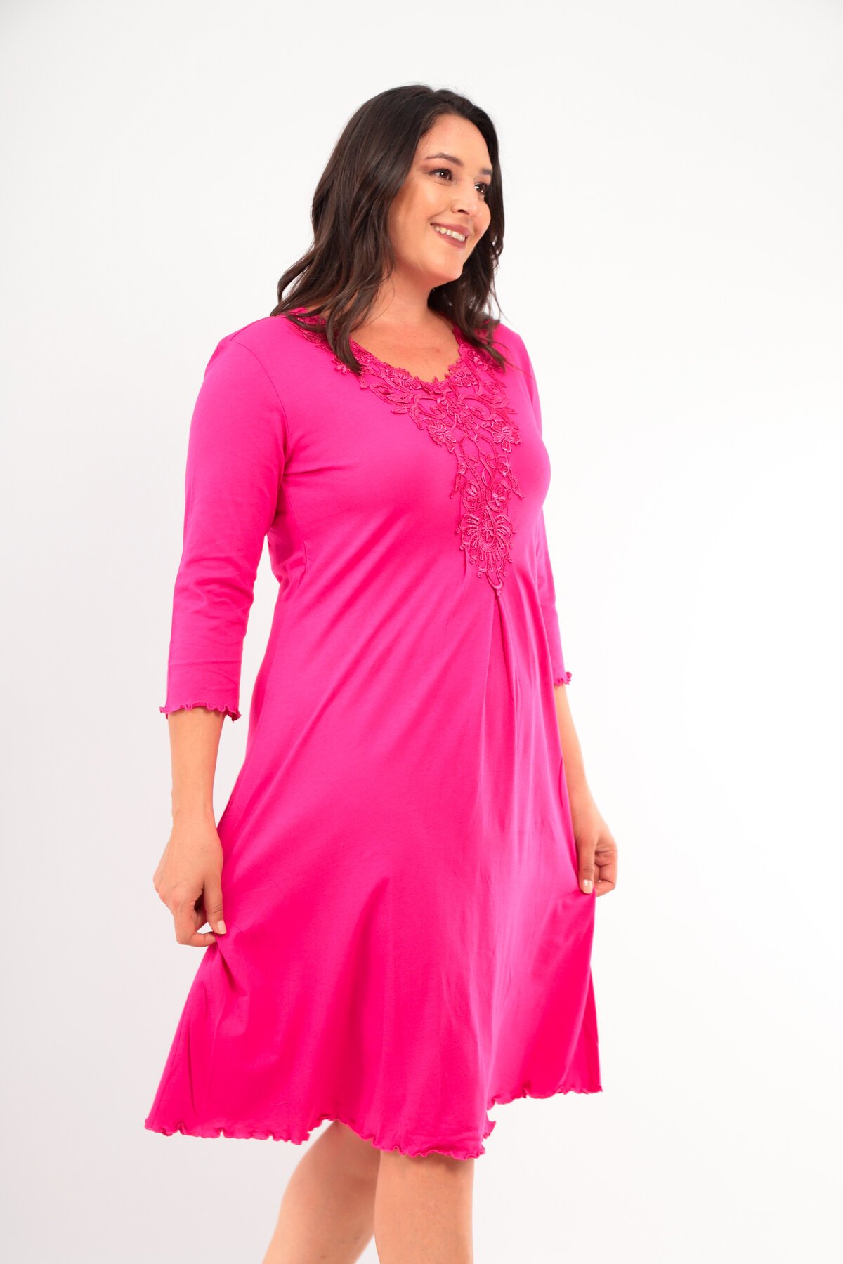 Kadın Yakası Güpürlü A Kesim Yarım Kol Viskon Günlük Midi Boy Büyük Beden Elbise Gecelik