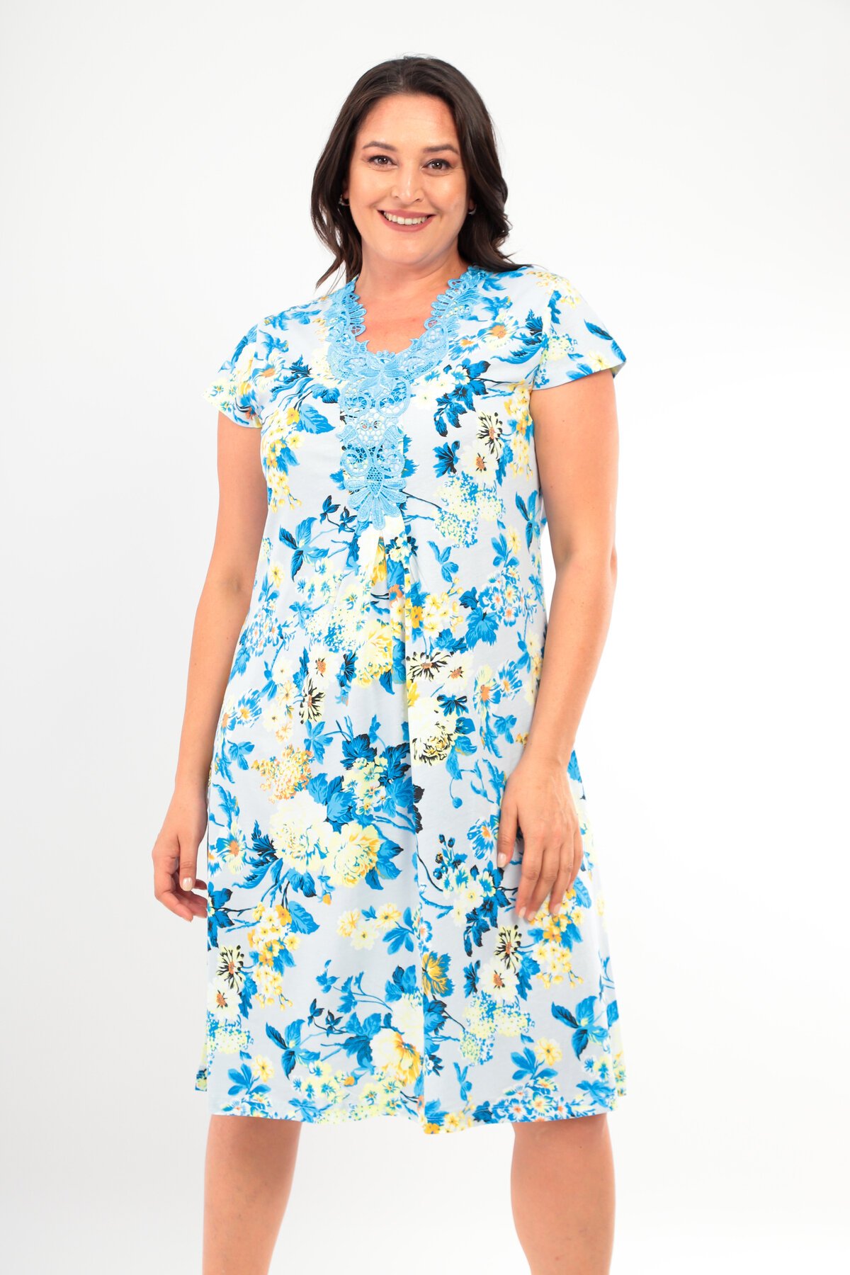 Kadın Yakası Güpürlü A Kesim Yarım Kol Viskon Günlük Midi Boy Büyük Beden Desenli Elbise Gecelik