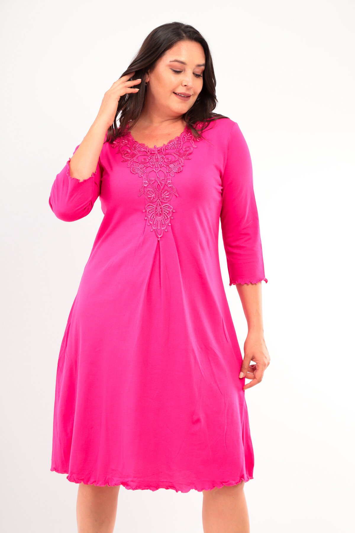 Kadın Yakası Güpürlü A Kesim Yarım Kol Viskon Günlük Midi Boy Büyük Beden Elbise Gecelik