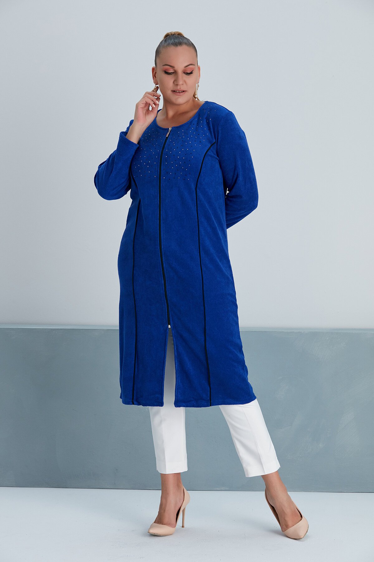 Kadın Yakası Taş Detay Fermuarlı Büyük Beden Curve Ev Plaj Midi Havlu Elbisesi